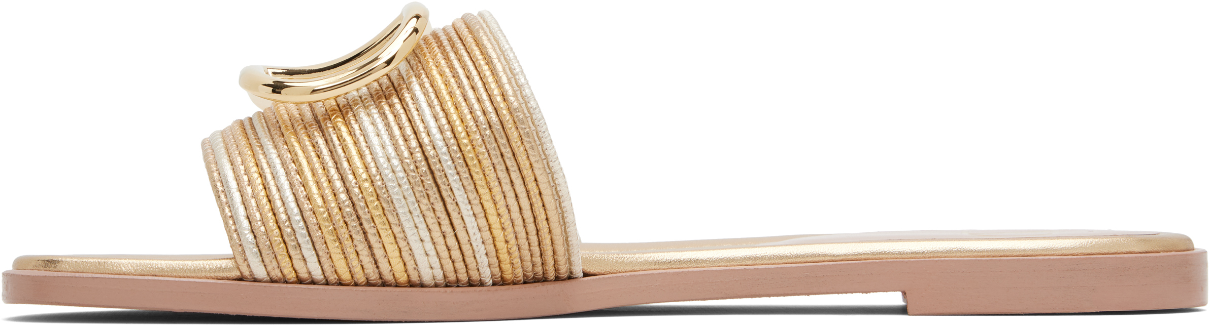 Valentino Gold Vlogo Signature Metallic Leather Slide Sandals In Neutral