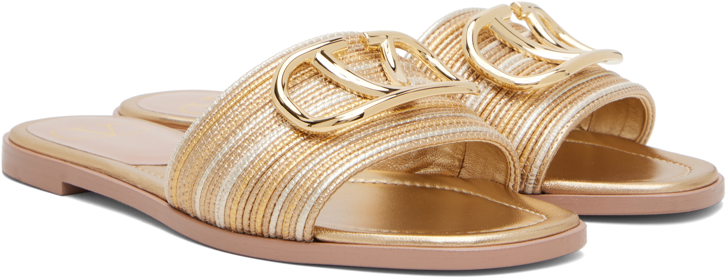 Valentino Gold Vlogo Signature Metallic Leather Slide Sandals In Neutral