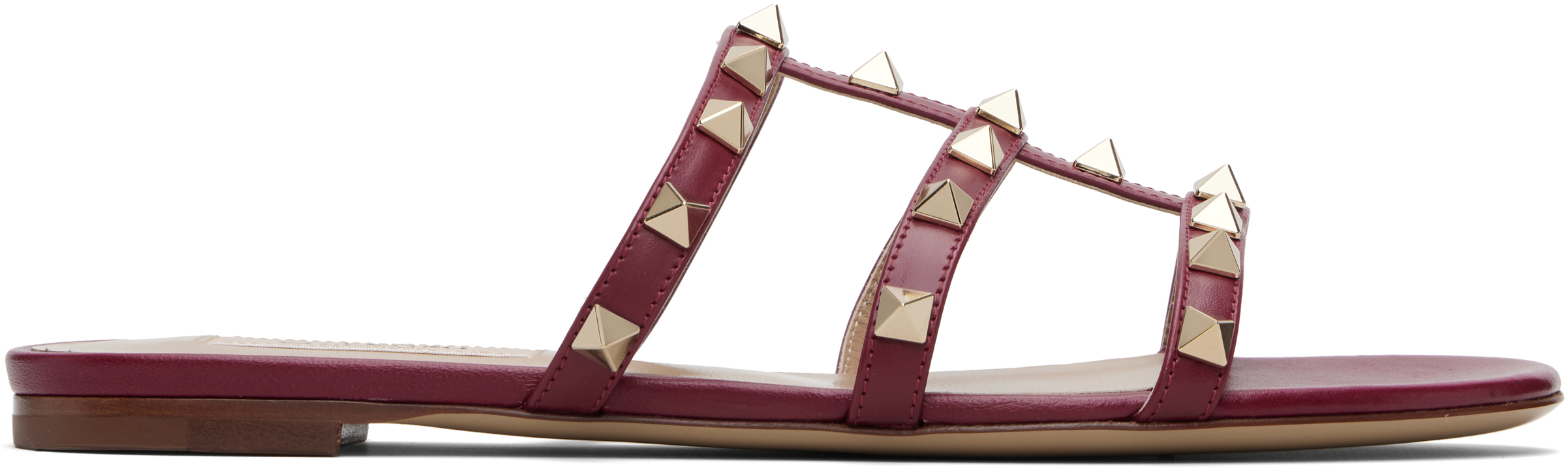 Valentino Red Rockstud Flat Slide Sandals In Burgundy