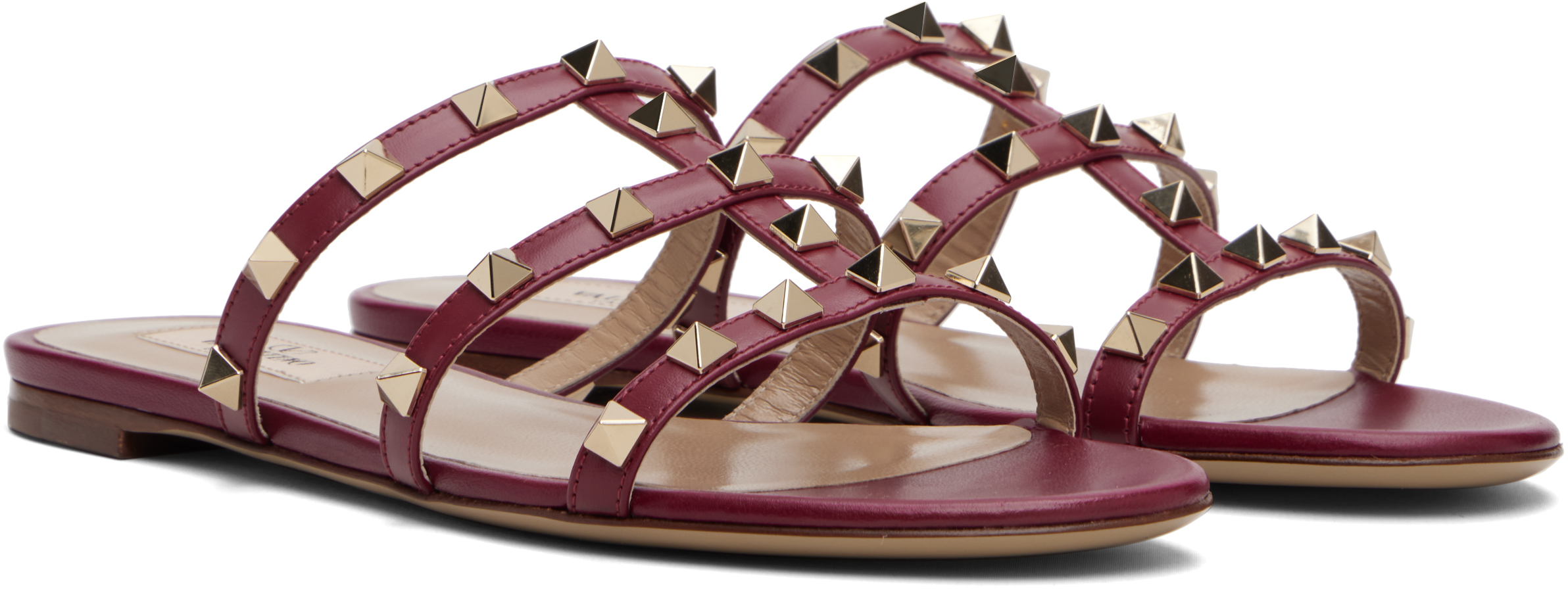 Valentino Red Rockstud Flat Slide Sandals In Burgundy
