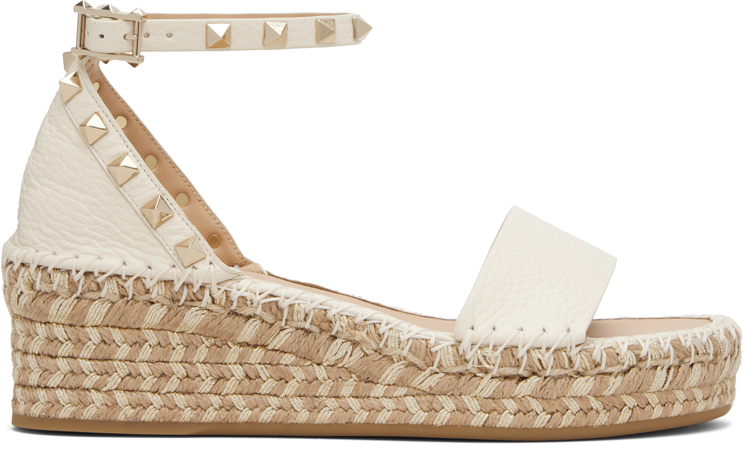 Valentino 55mm Rockstud Metallic Leather Wedge Espadrille Sandals In Neutral