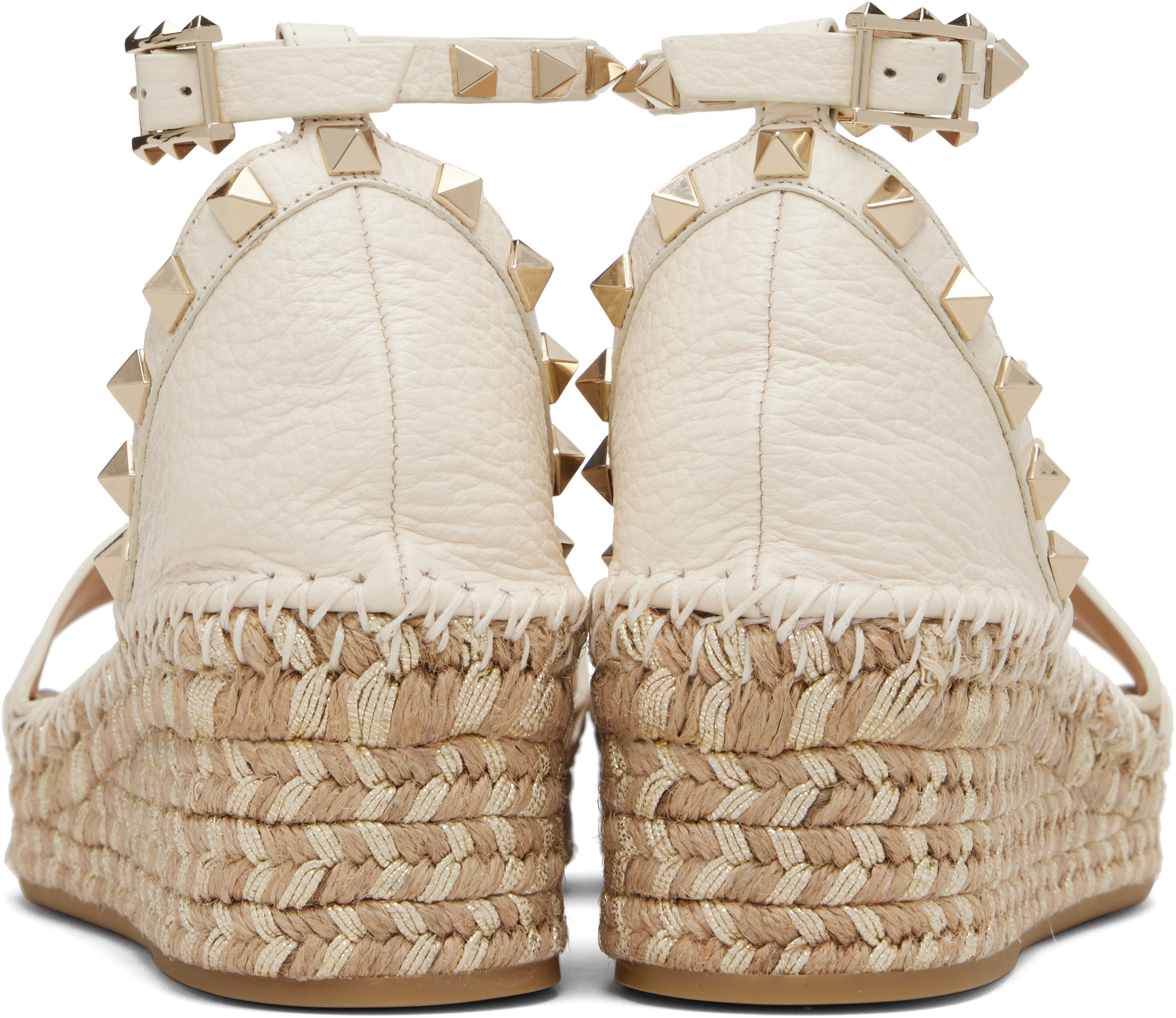 Valentino 55mm Rockstud Metallic Leather Wedge Espadrille Sandals In Neutral