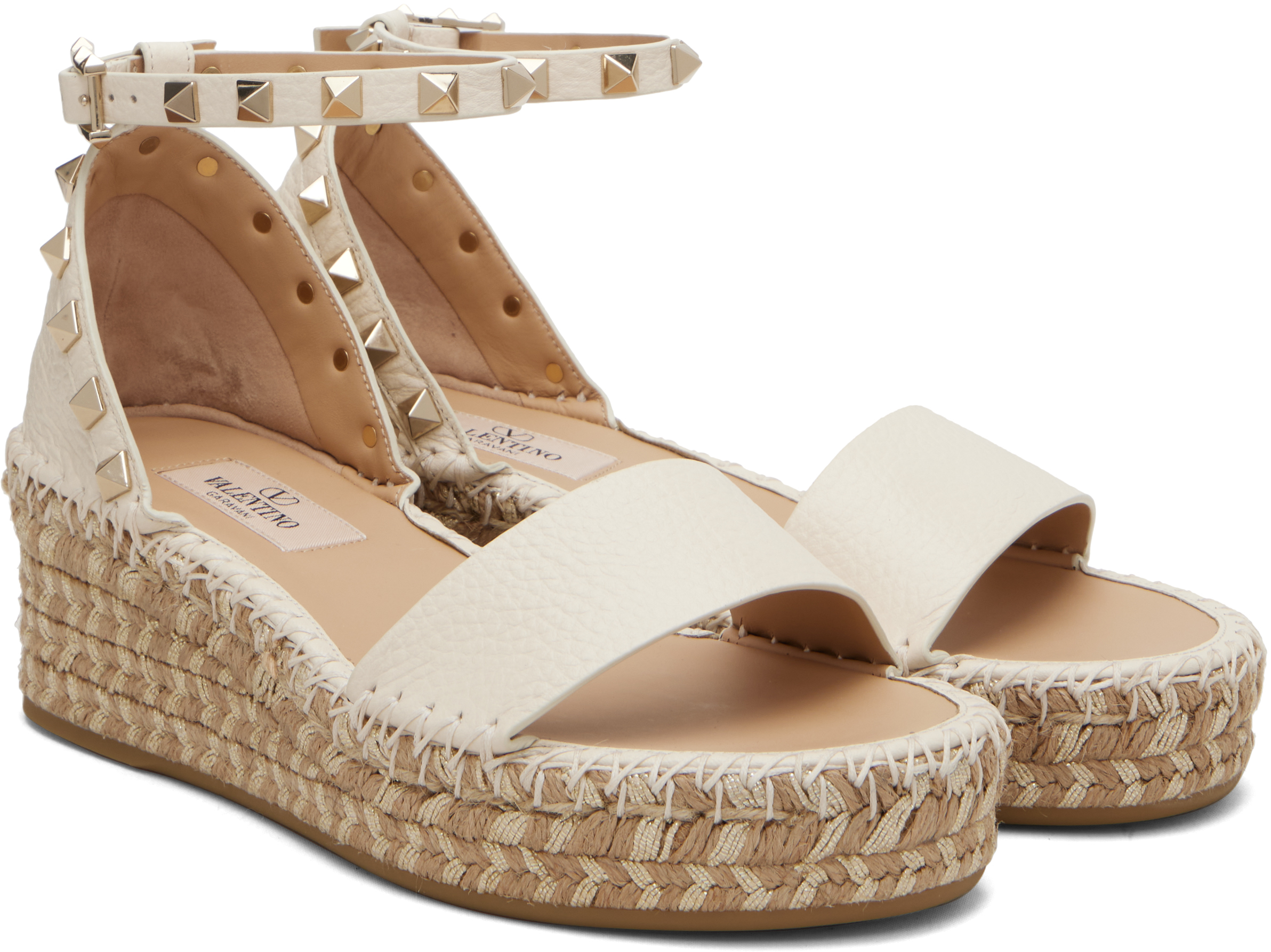 Valentino 55mm Rockstud Metallic Leather Wedge Espadrille Sandals In Neutral