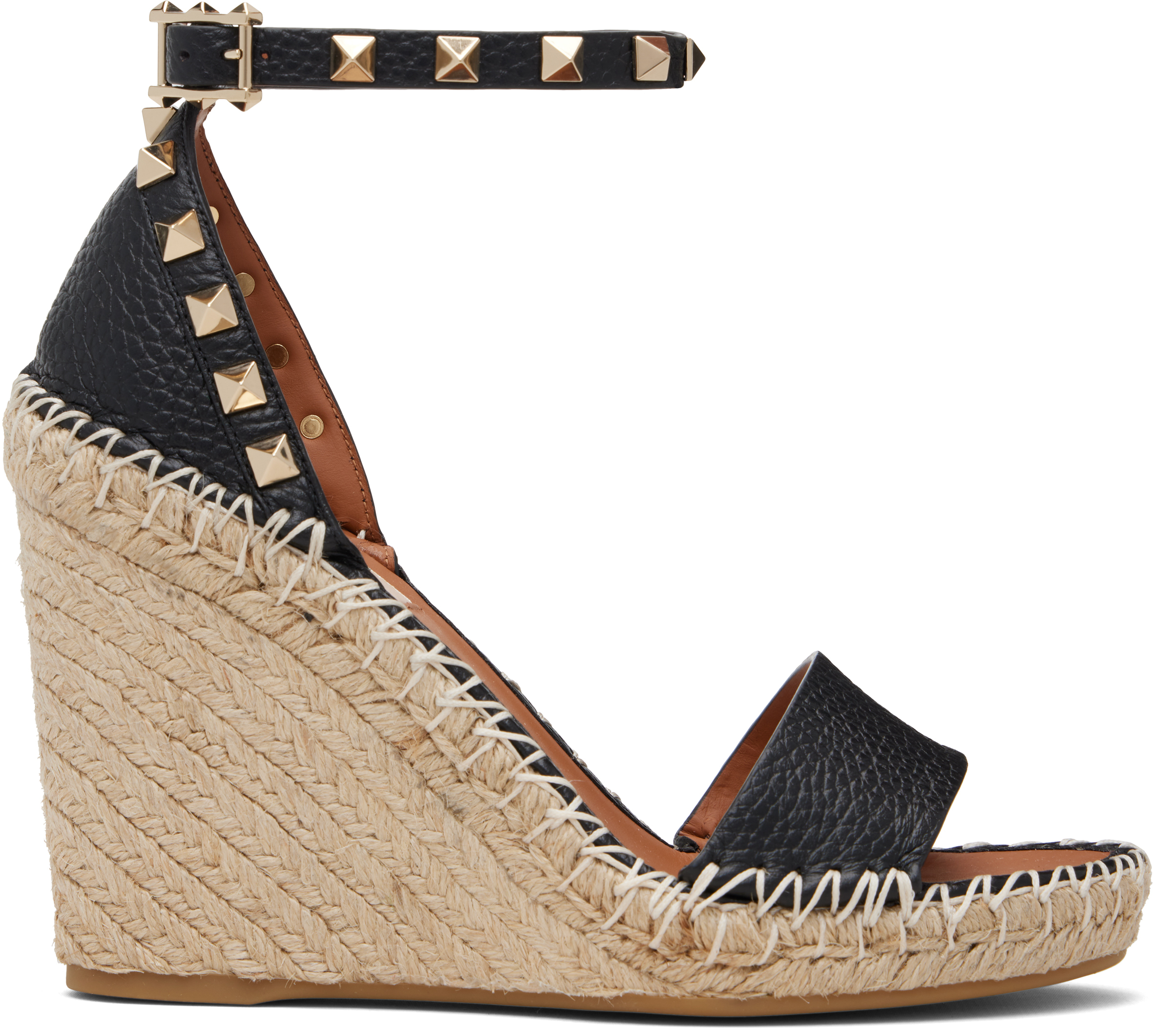 Valentino Black Double Rockstud Grainy Calfskin Wedge Sandals In Black