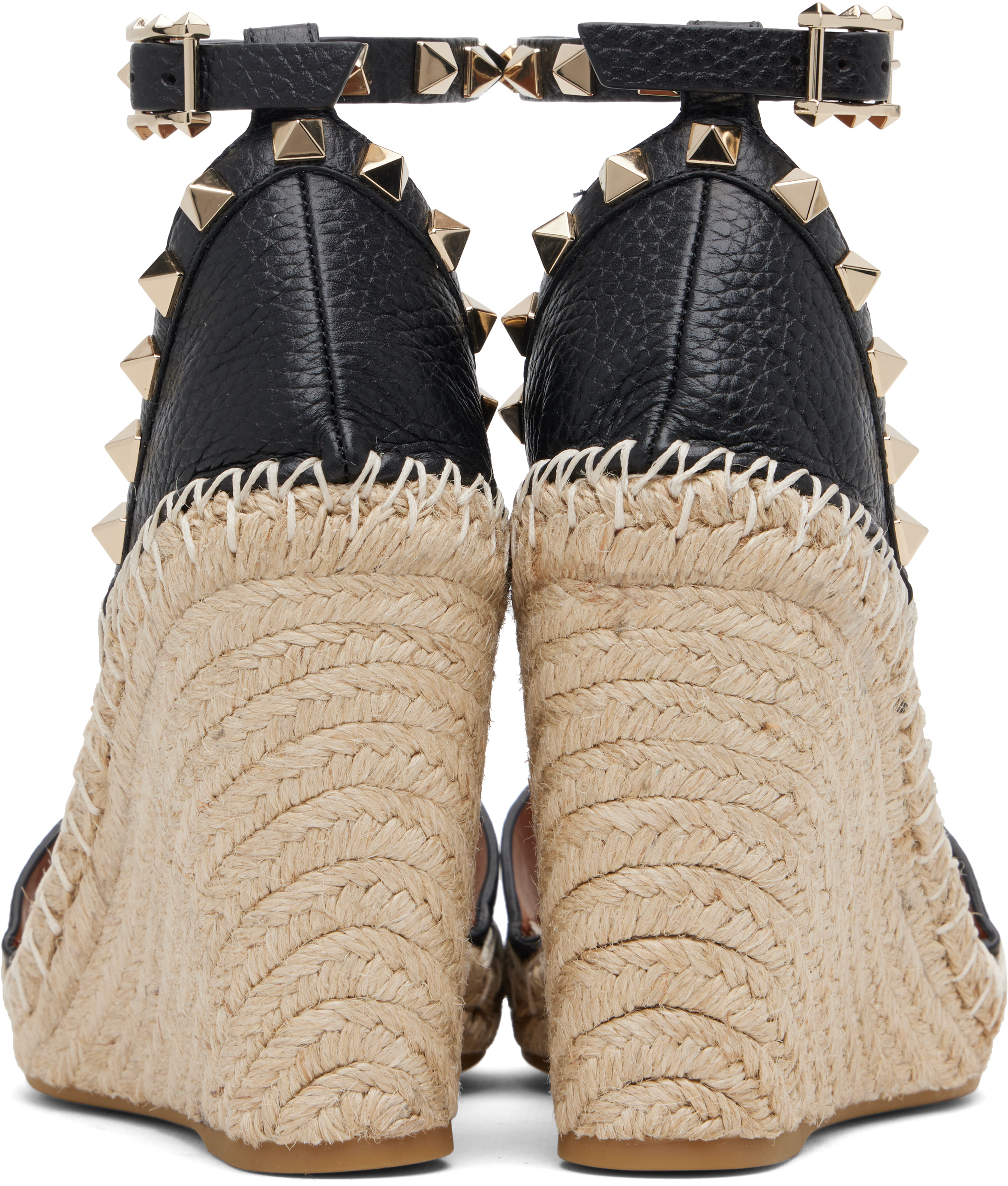 Valentino Black Double Rockstud Grainy Calfskin Wedge Sandals In Black