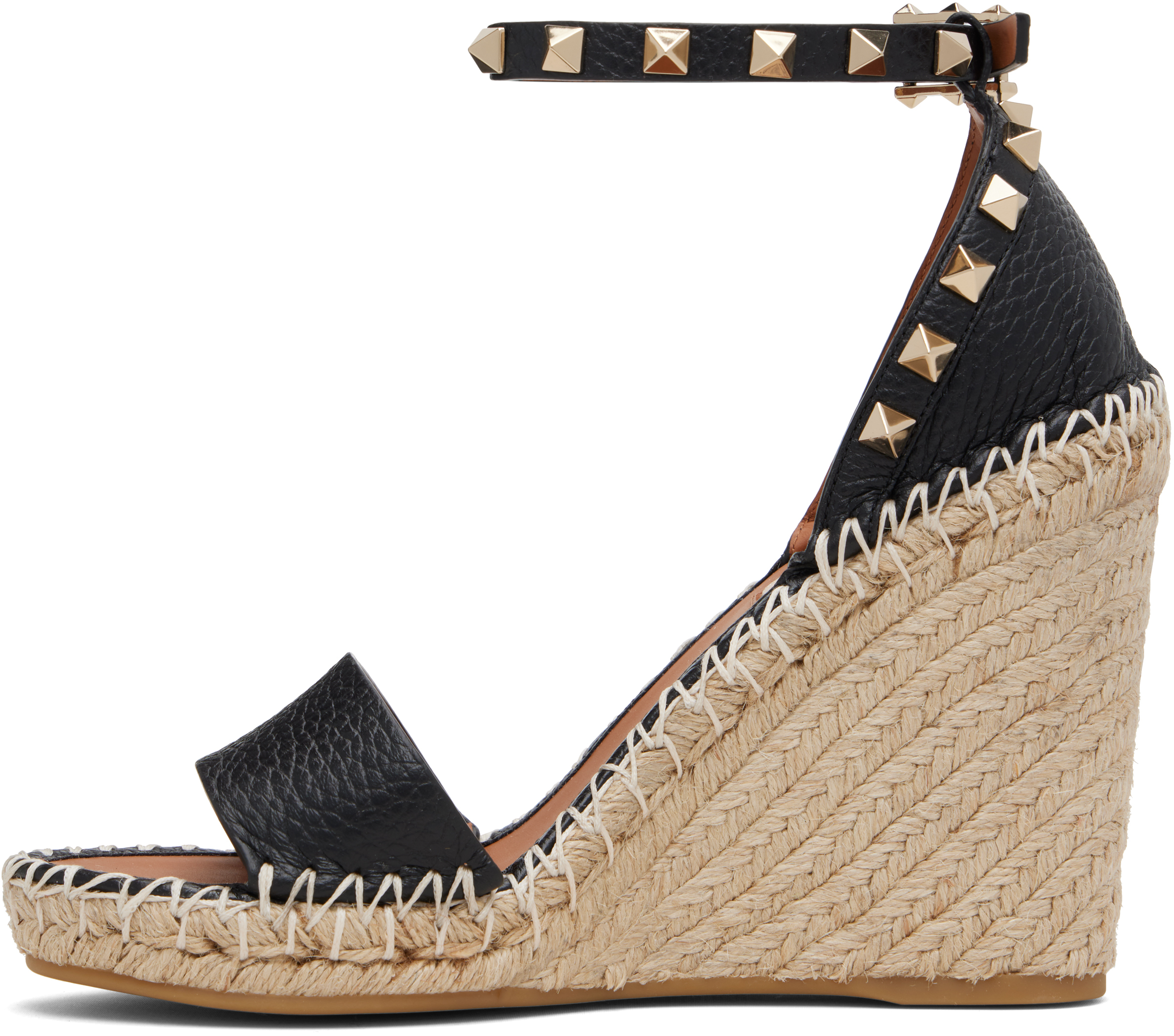 Valentino Black Double Rockstud Grainy Calfskin Wedge Sandals In Black