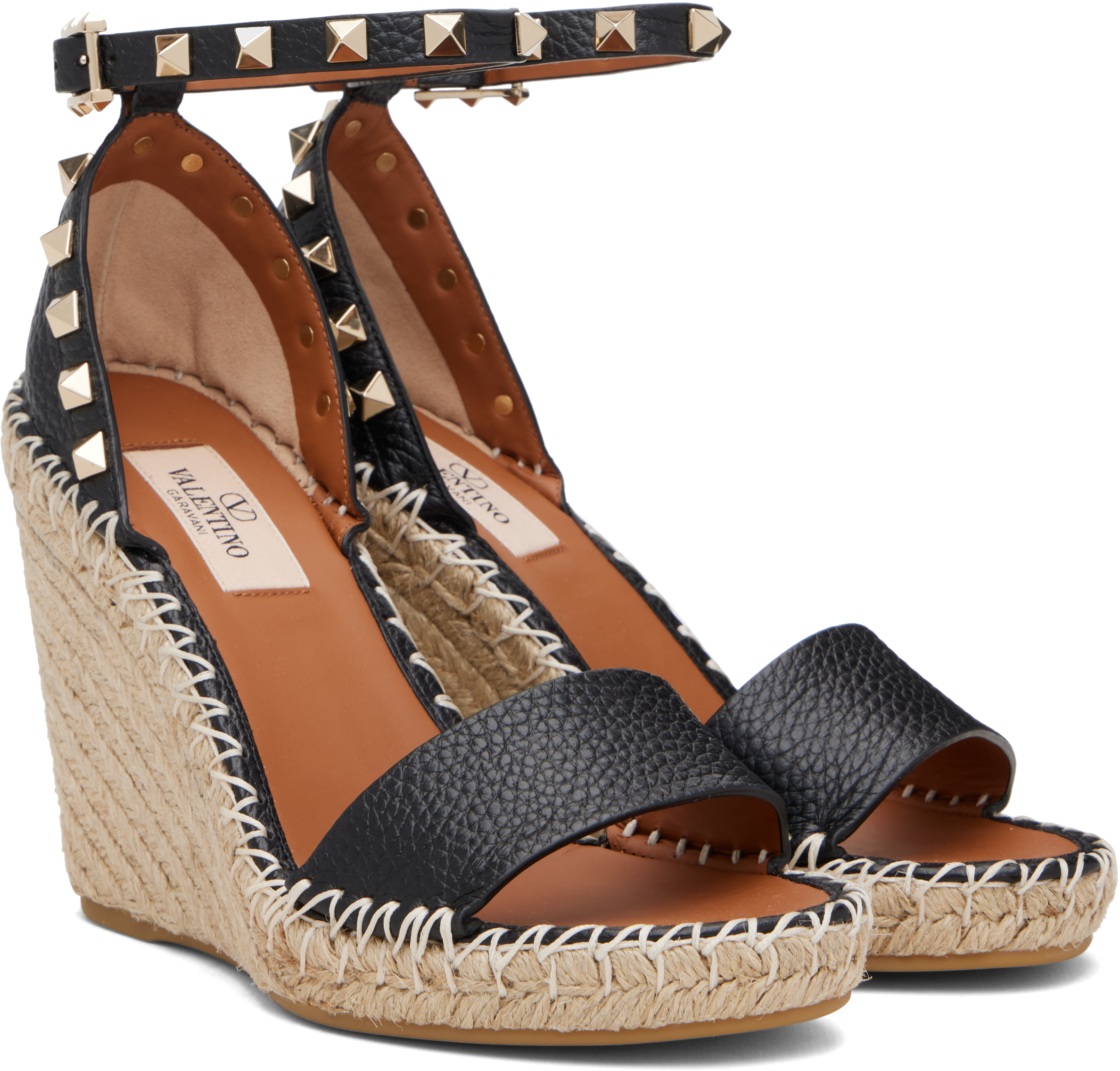 Valentino Black Double Rockstud Grainy Calfskin Wedge Sandals In Black
