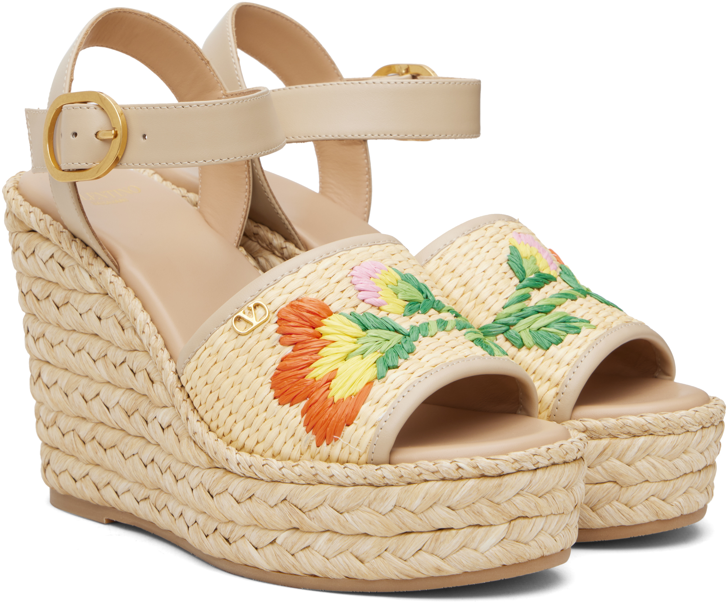 Valentino Bribri Raffia Flower Wedge Espadrille Sandals In Neutral