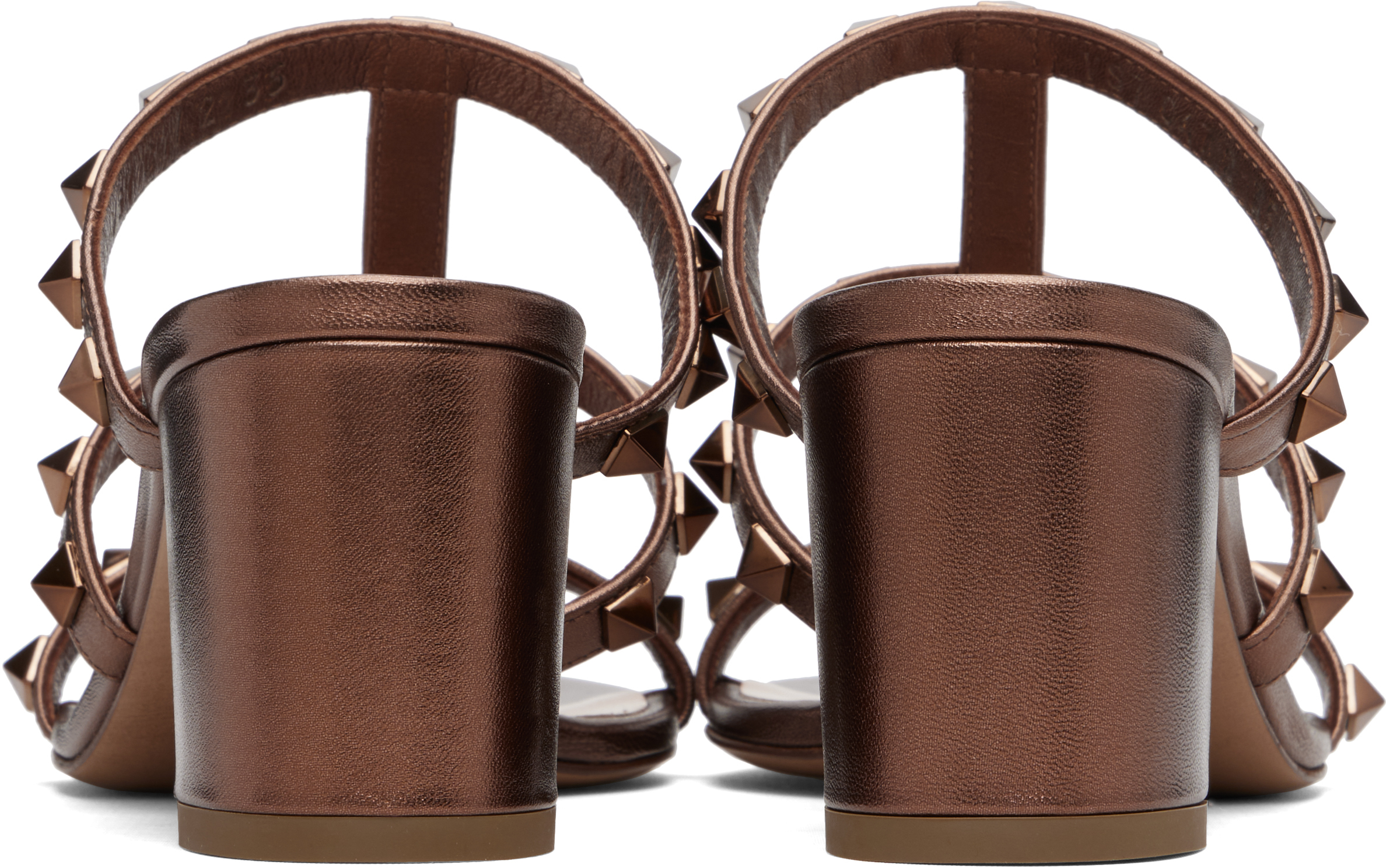 Valentino Brown Rockstud Metallic Calfskin Leather Slide Sandals In Brown