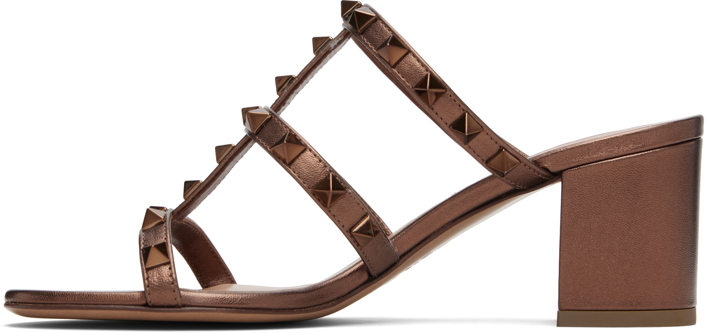 Valentino Brown Rockstud Metallic Calfskin Leather Slide Sandals In Brown
