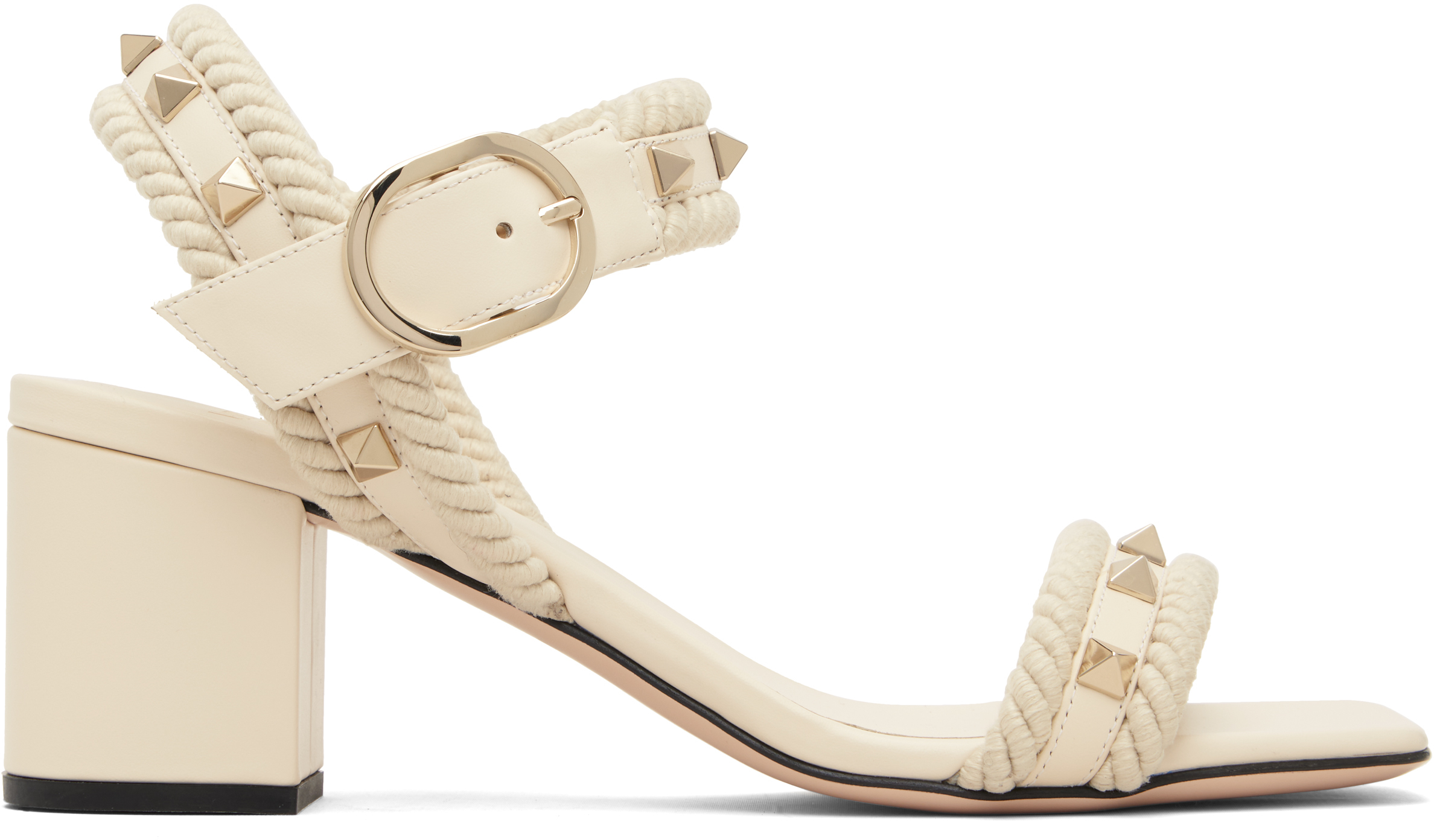 Valentino Off-white Rockstud Leather Rope Detail Heeled Sandals In Neutral