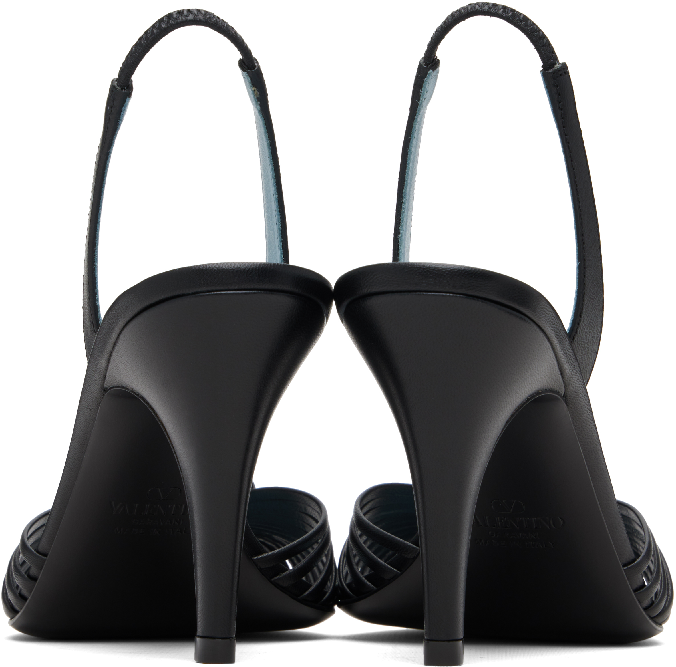 Valentino Black Slingback Leather Woven Heart Heeled Sandals In Black