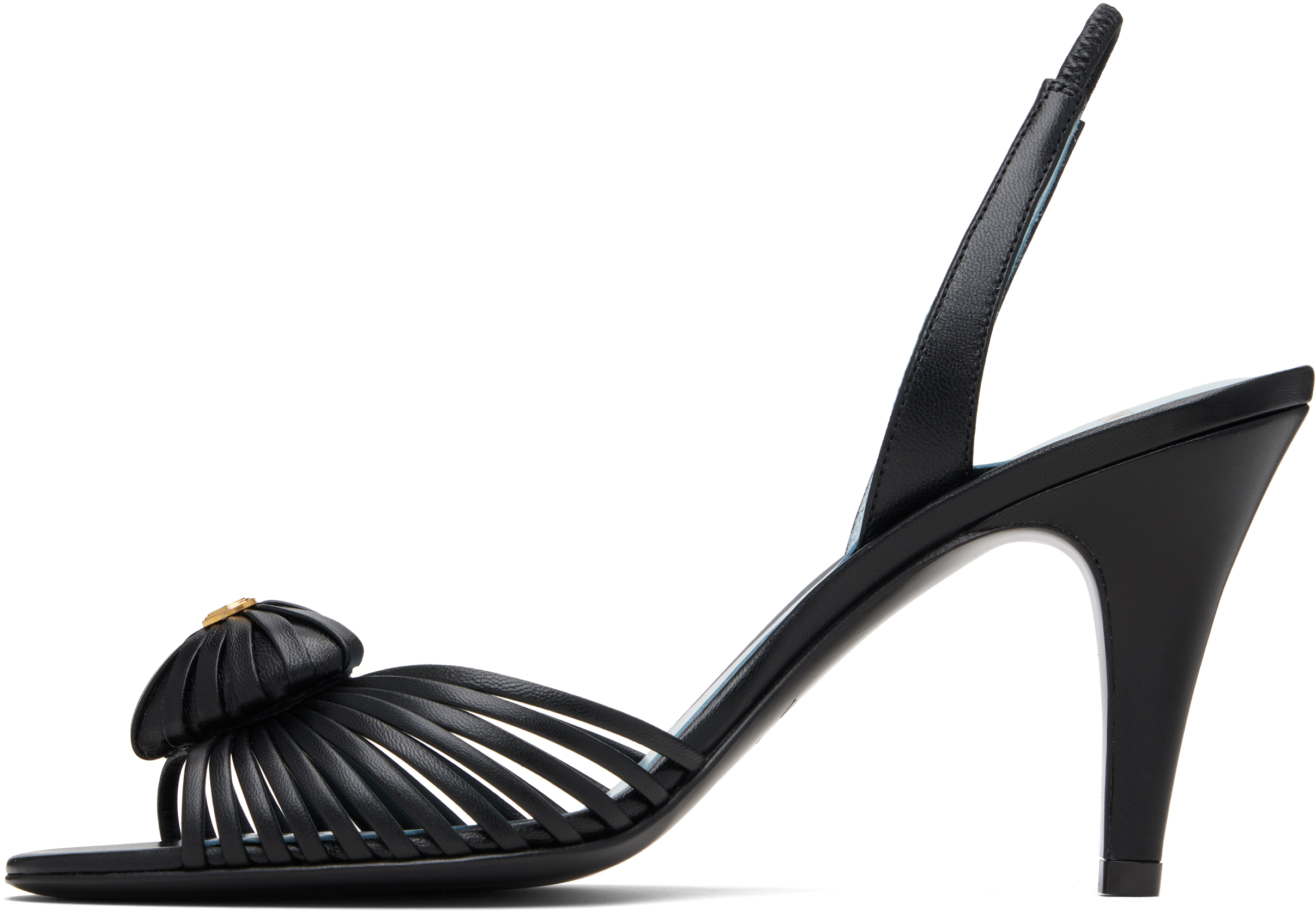 Valentino Black Slingback Leather Woven Heart Heeled Sandals In Black