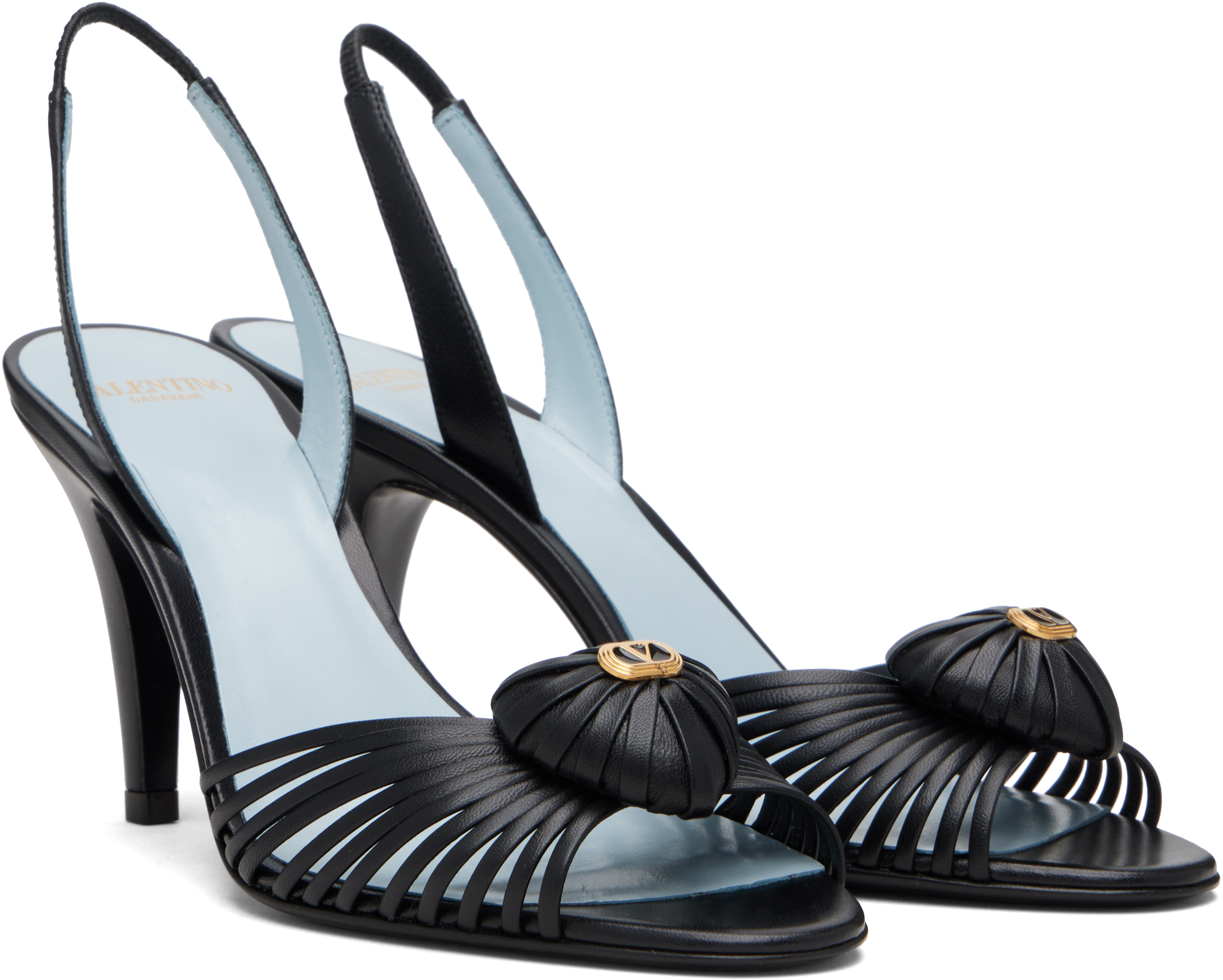 Valentino Black Slingback Leather Woven Heart Heeled Sandals In Black