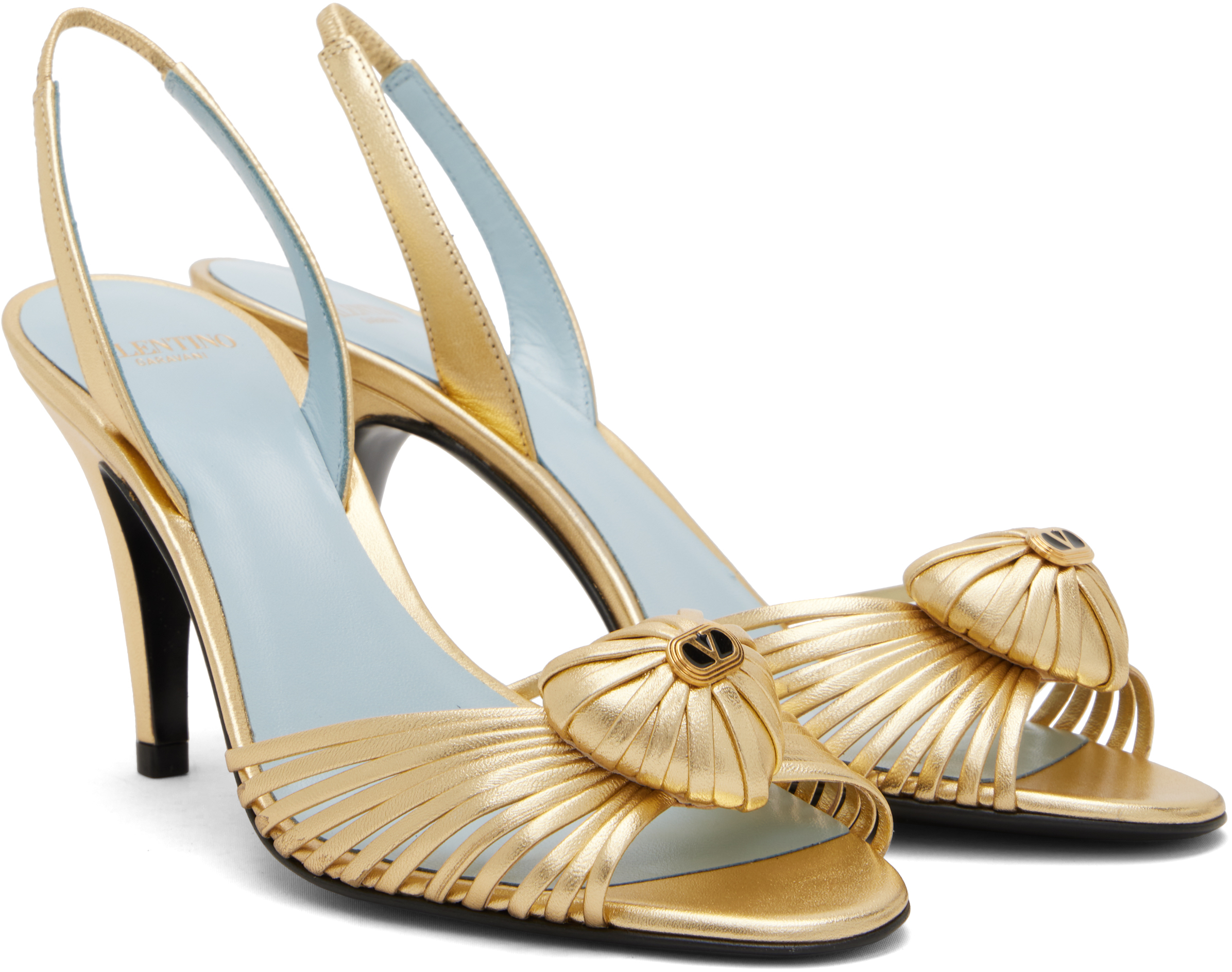 Valentino Gold Slingback Metallic Woven Heart Heeled Sandals In Gold