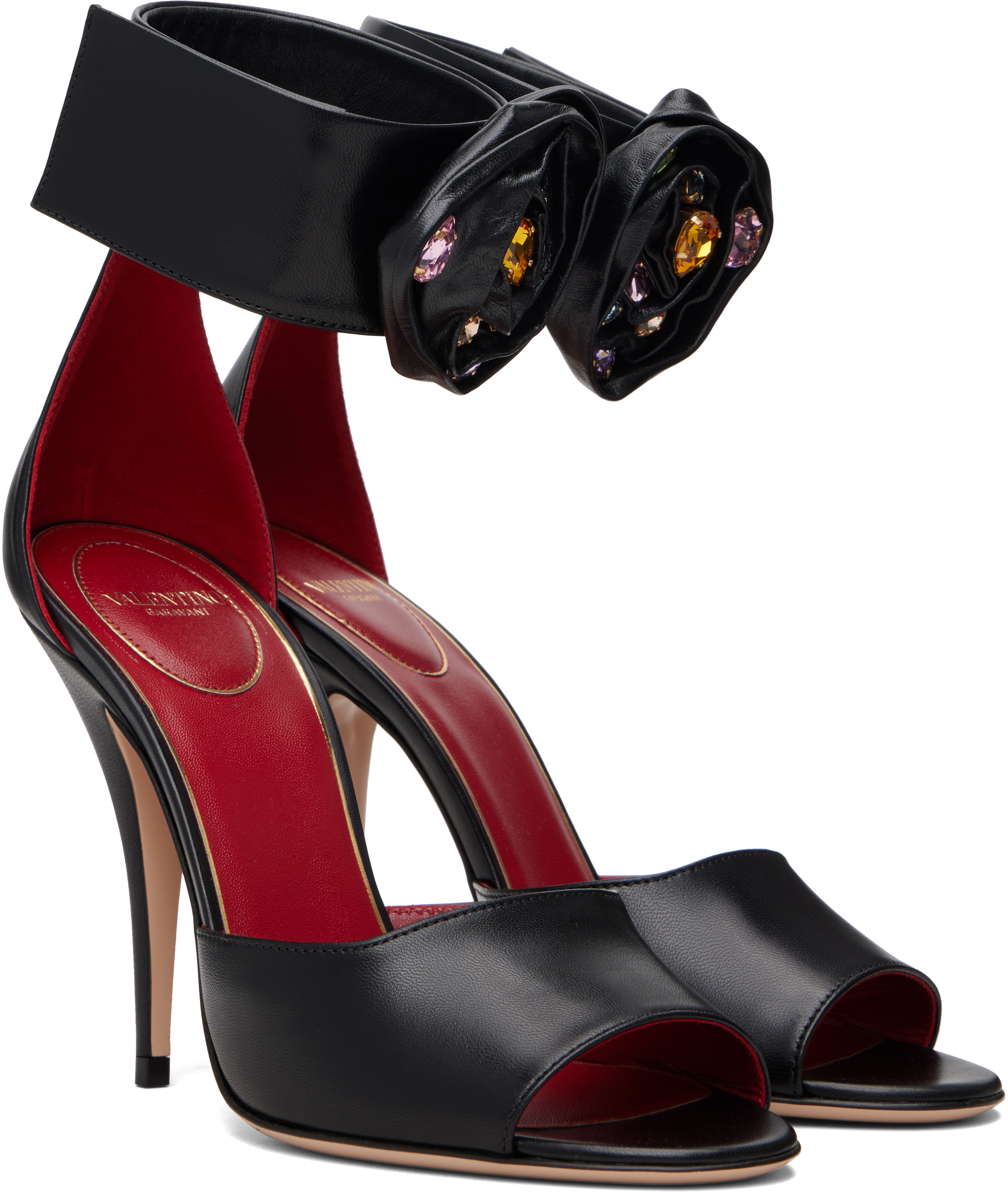 Valentino Embellished Rose Leather Sandals In Black