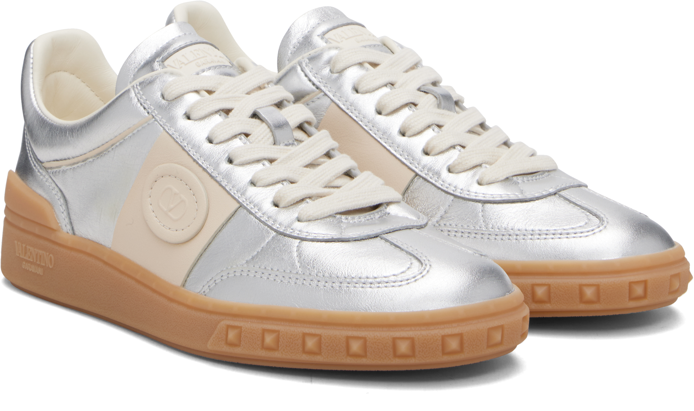 Valentino Silver Upvillage Trainer Leather Band Sneakers In Silver