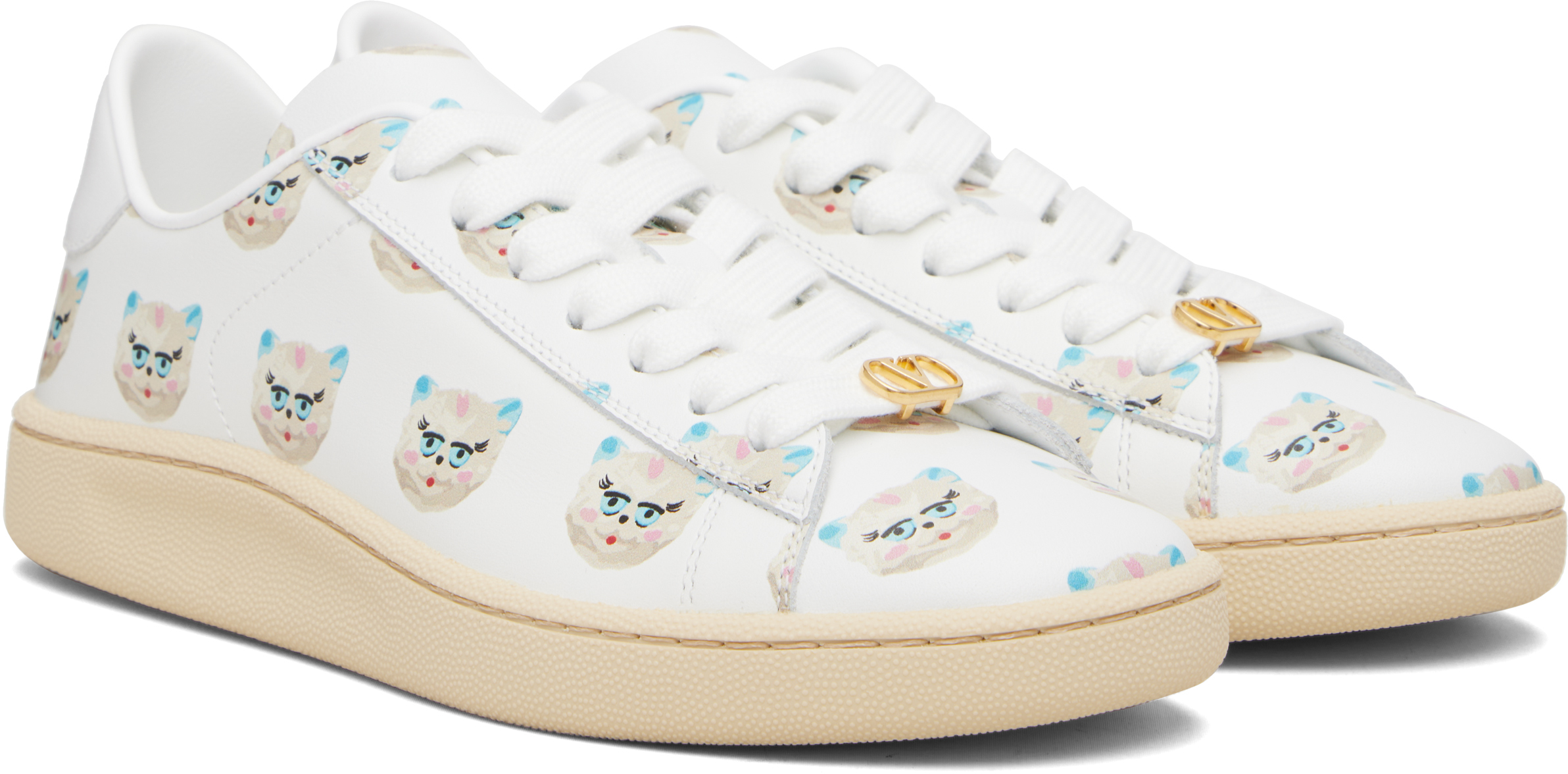Valentino Royco Vlogo Cat-print Leather Sneakers In Neutral
