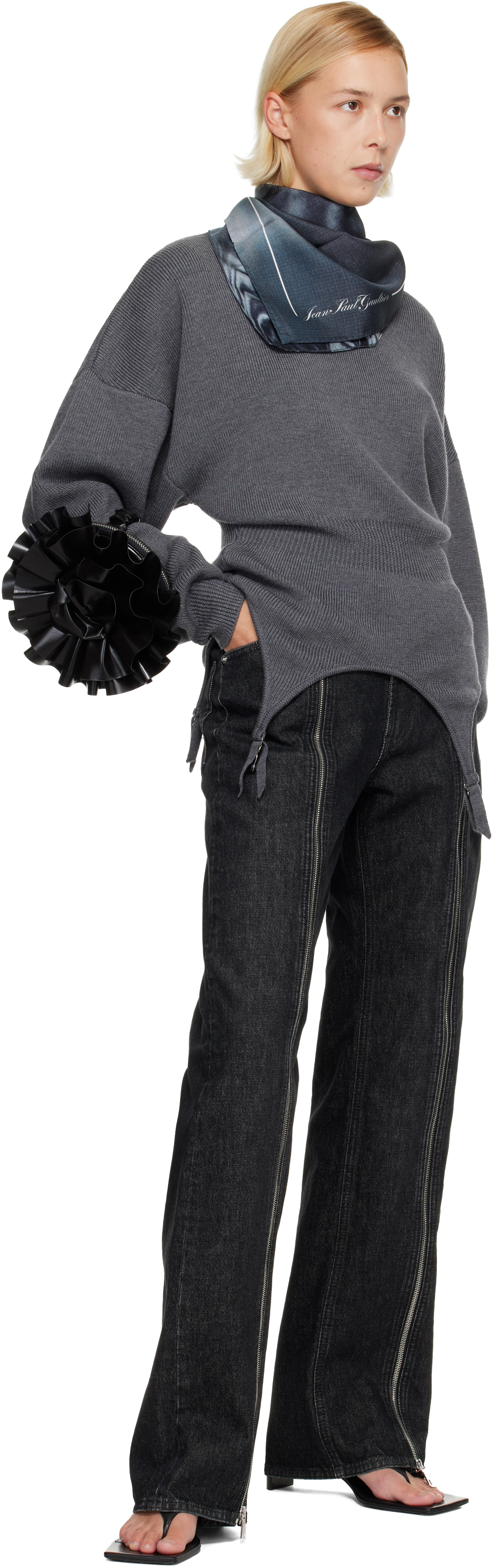 Jean Paul Gaultier Gray Silk Printed Blurry Roses Scarf