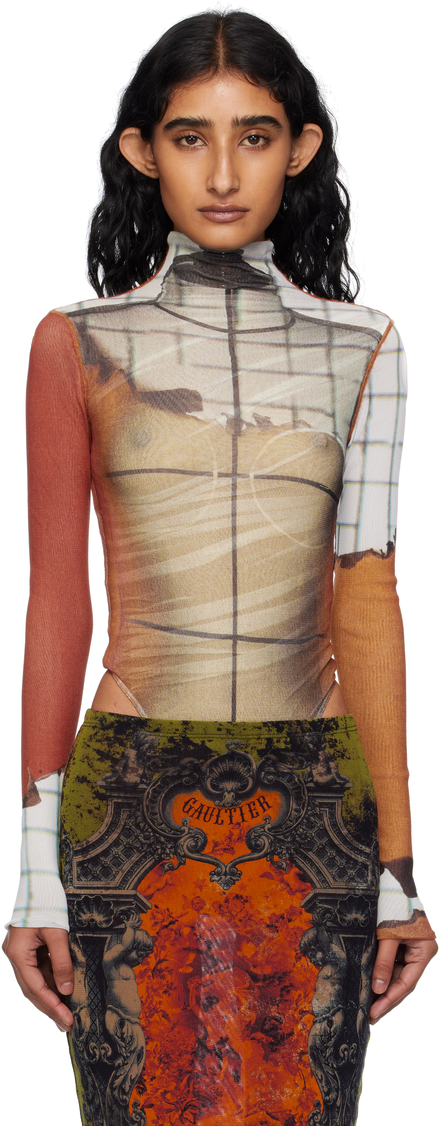 Orange & White Long Sleeves Twisted Printed Fire Bodysuit