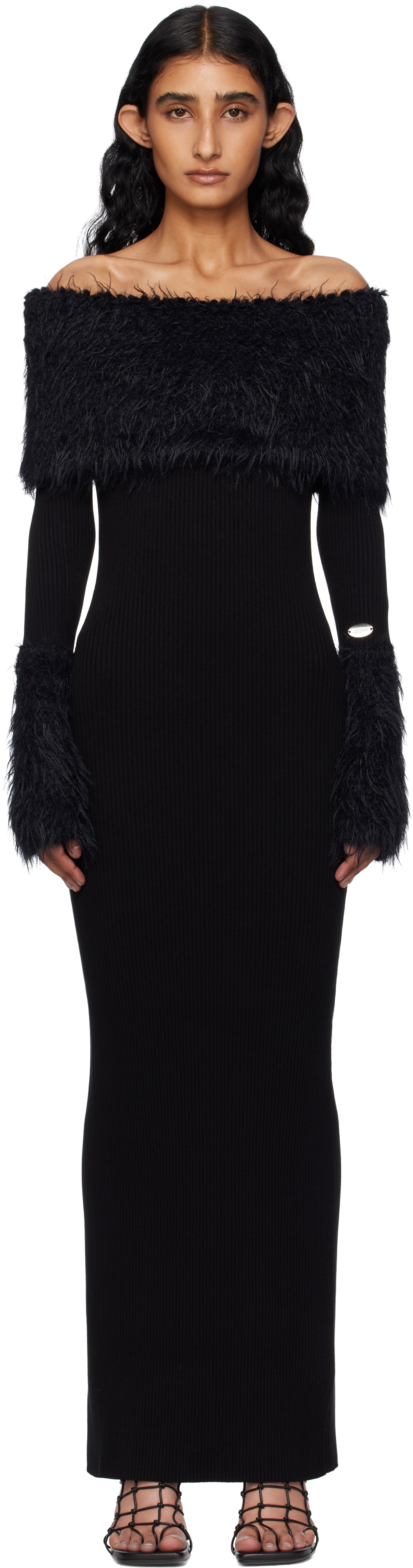 Black Viscose Ribbed & Hairy Maxi Dress