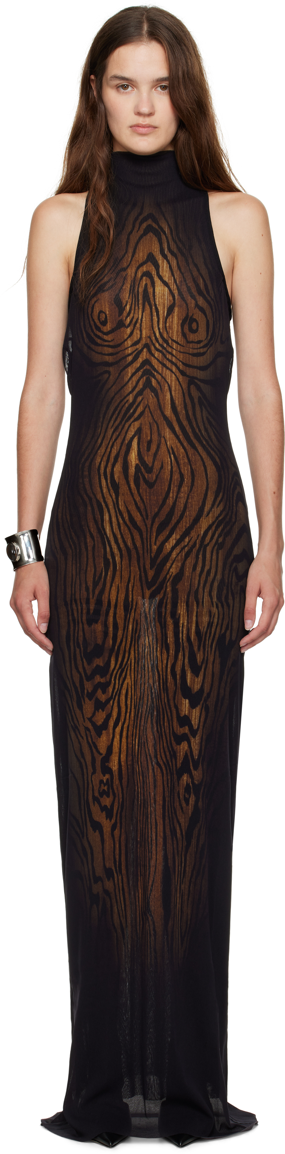 chinese dress ladies Jean Paul Gaultier Maroon Mesh Long Sleeve Midi Dress