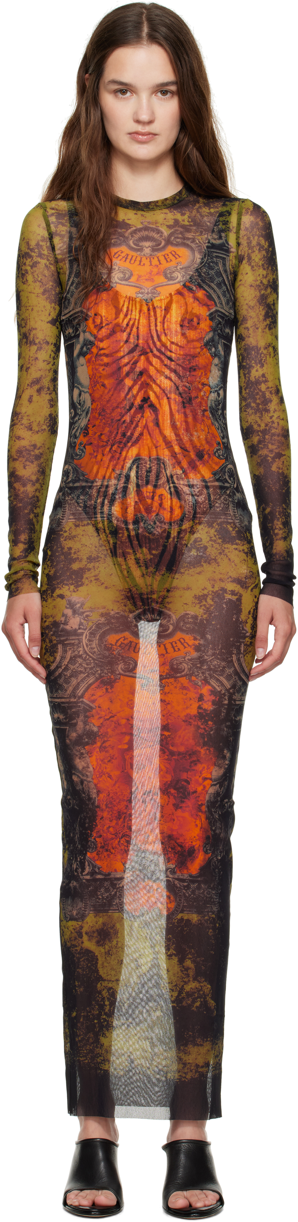Khaki & Orange 'The Long Médaillon' Maxi Dress