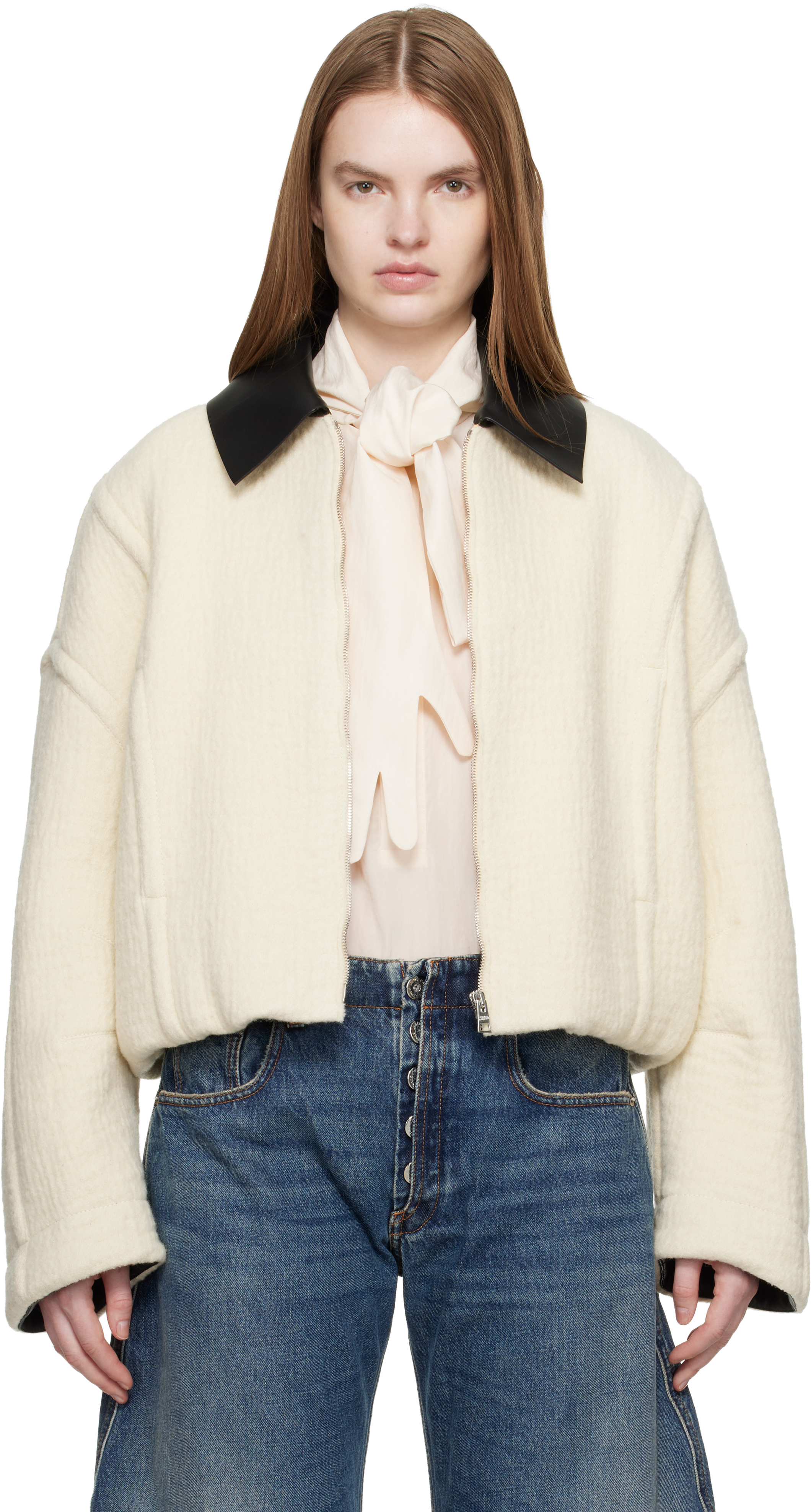 Off-White Heavy Wool Bomber Jacket by Jean Paul Gaultier on Sale