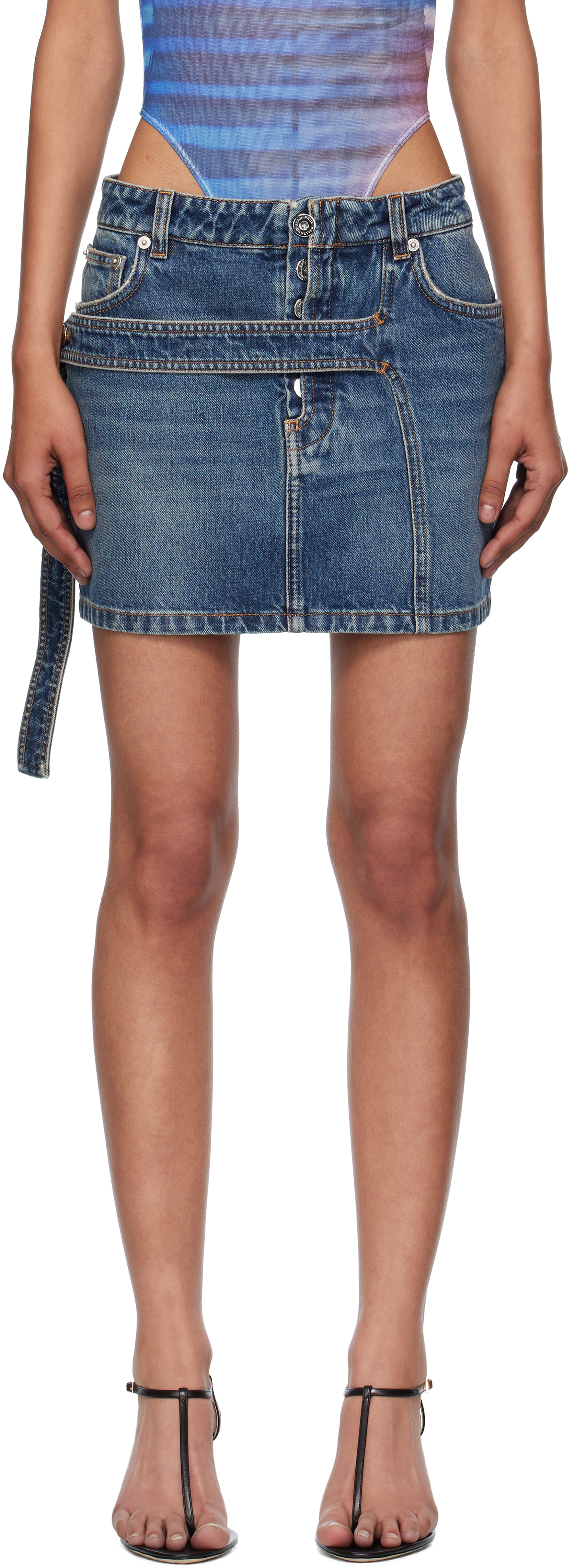 Blue Low Waisted Strap Denim Miniskirt