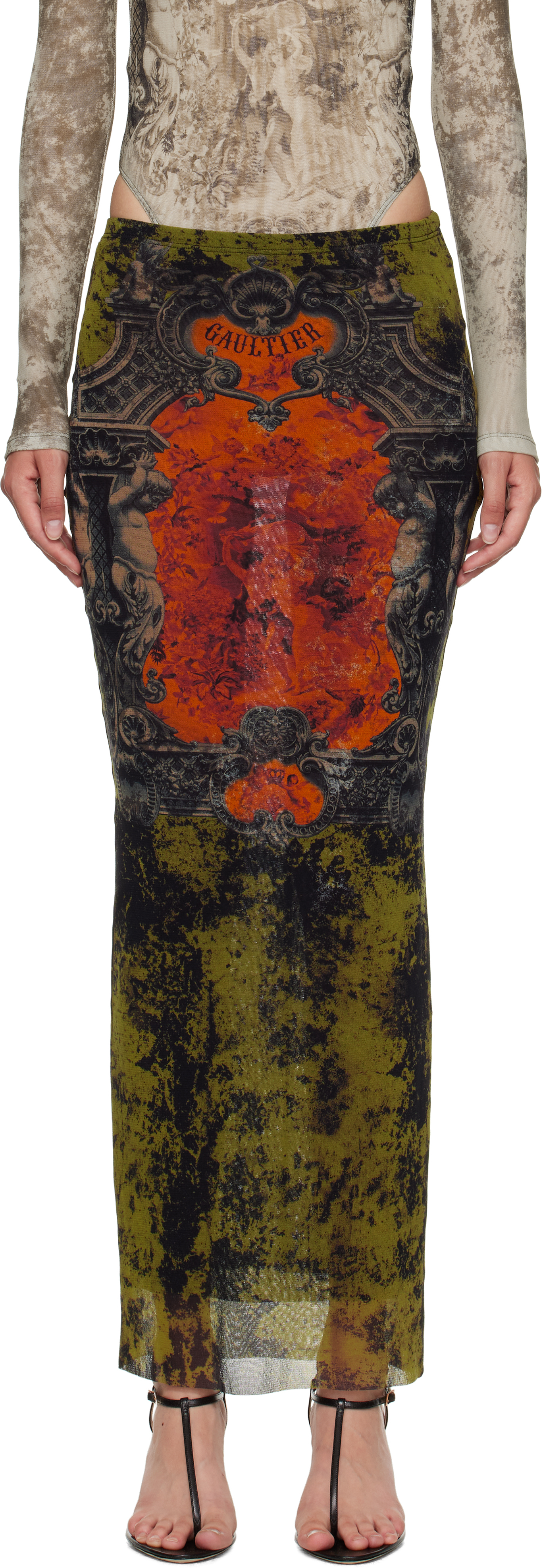 Khaki & Orange 'The Long Médaillon' Midi Skirt