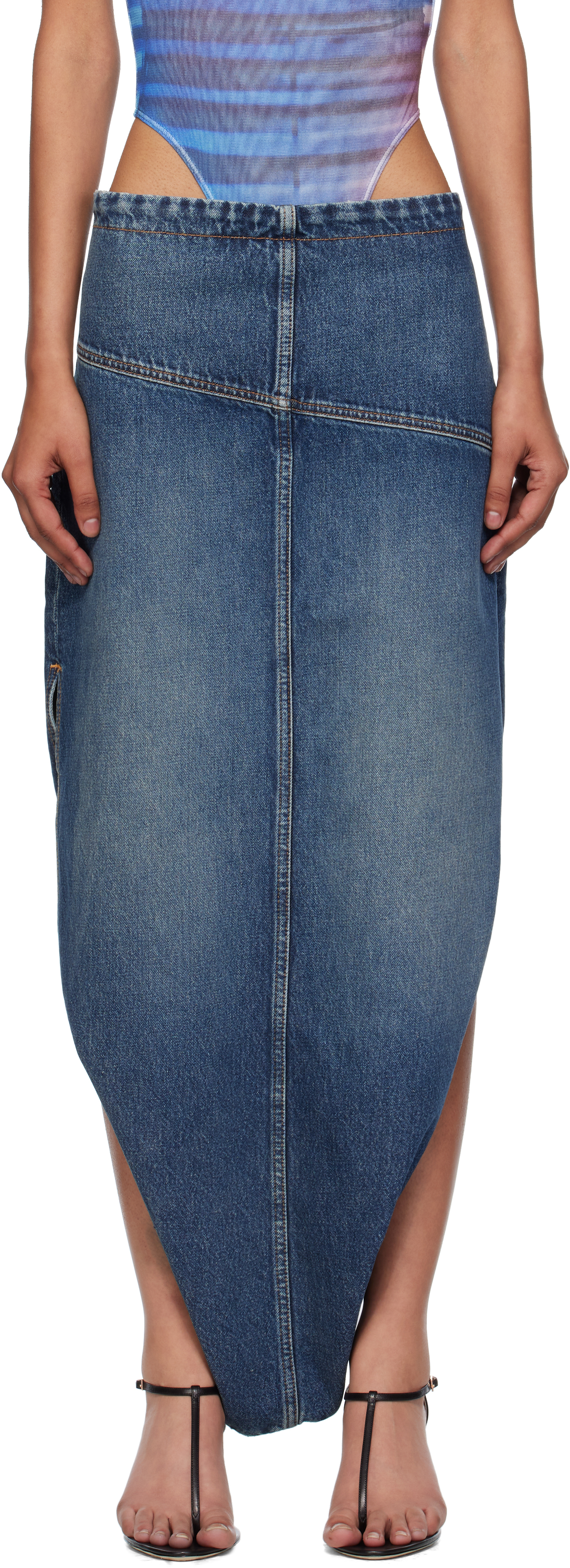 Blue Internal Belt & Zipped Opening Denim Maxi Skirt