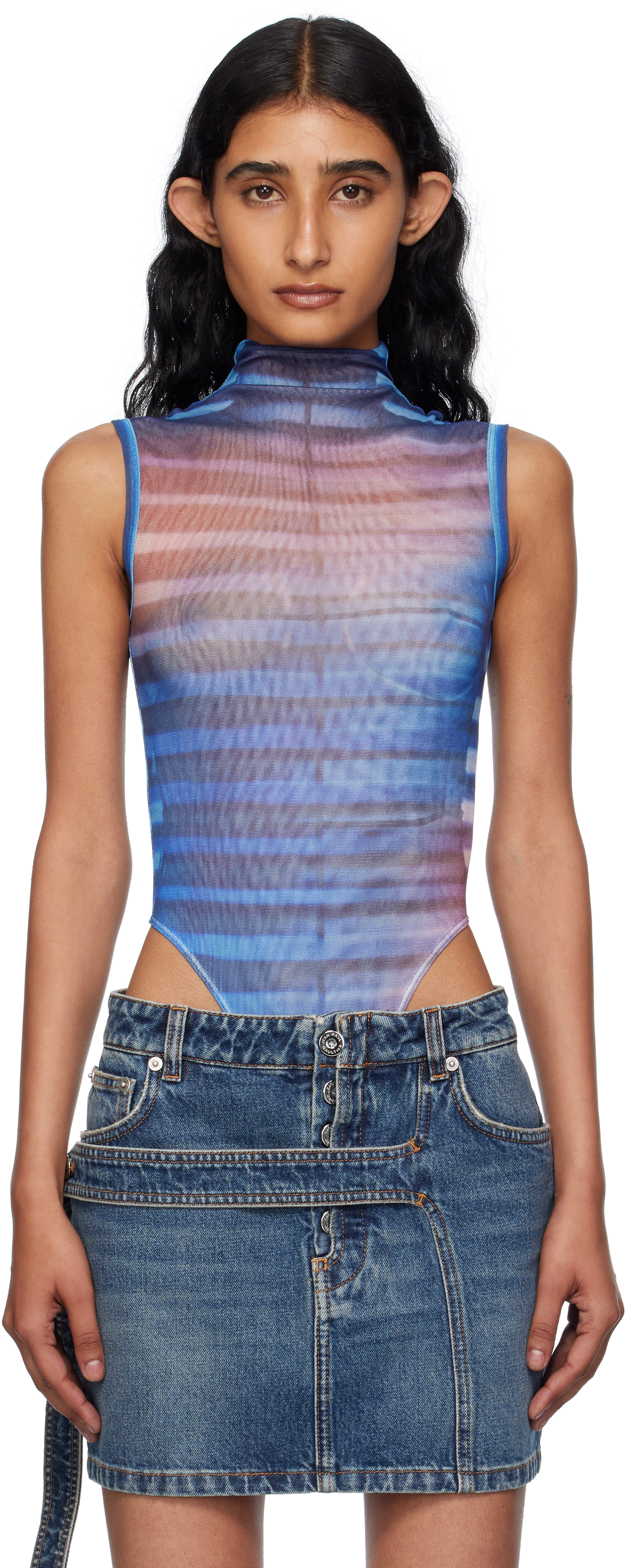 Blue & Pink High Neck Printed Air Bodysuit