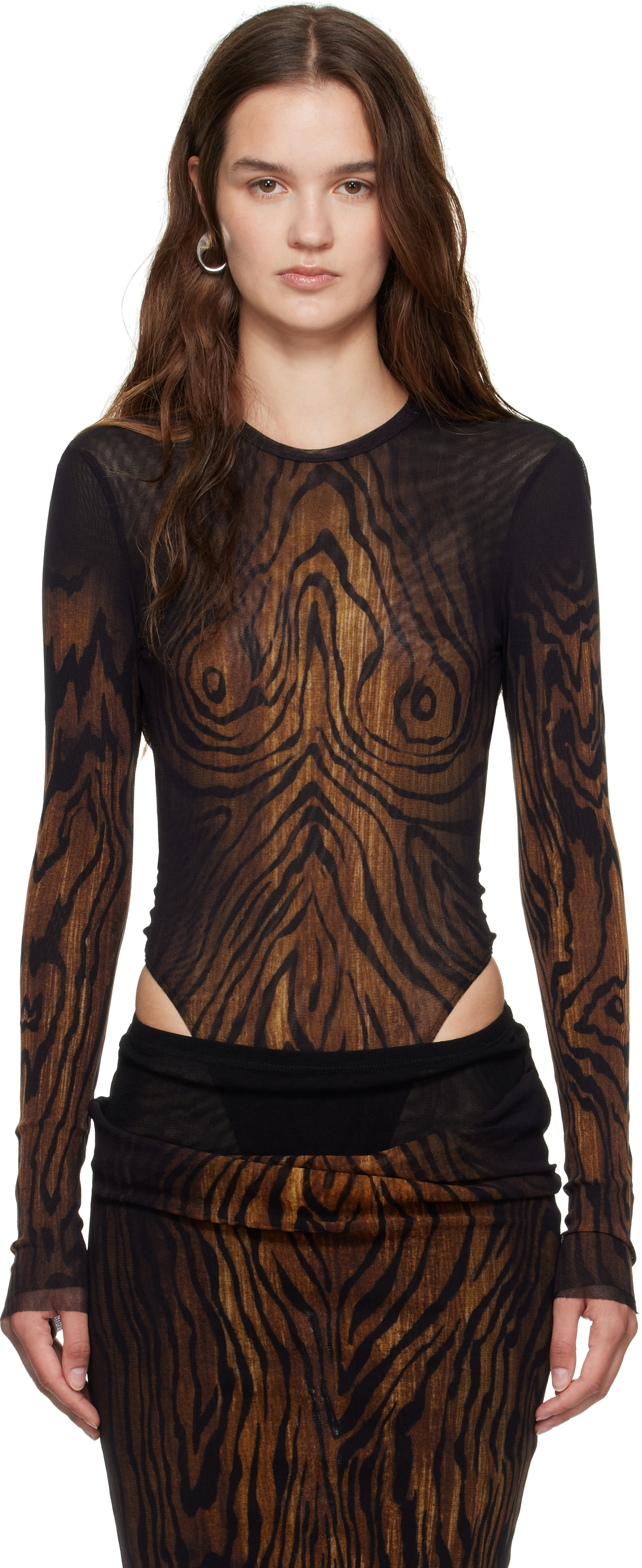 Jean Paul Gaultier Black Mesh Double Layer Printed Wood Bodysuit