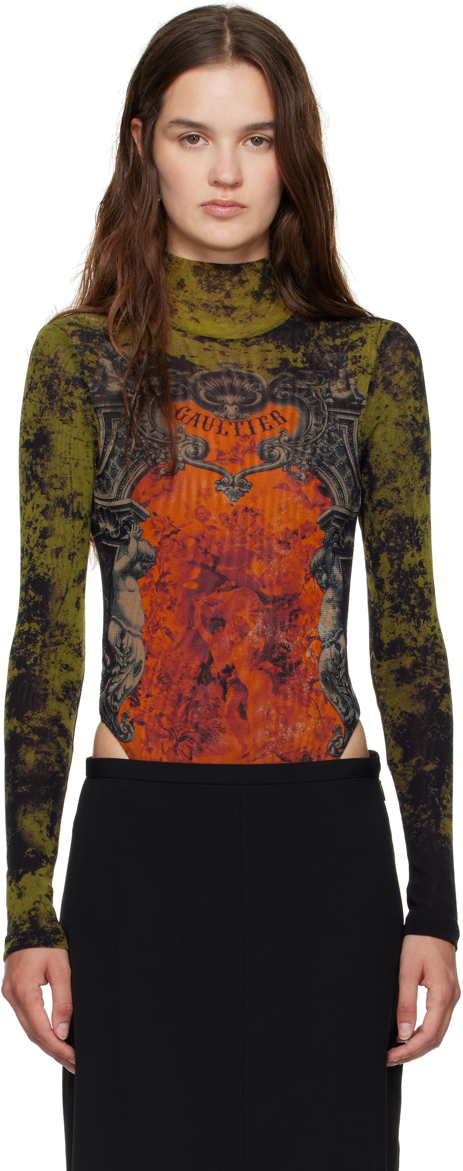 Jean Paul Gaultier Khaki & Orange 'The Médaillon' Open Back Bodysuit