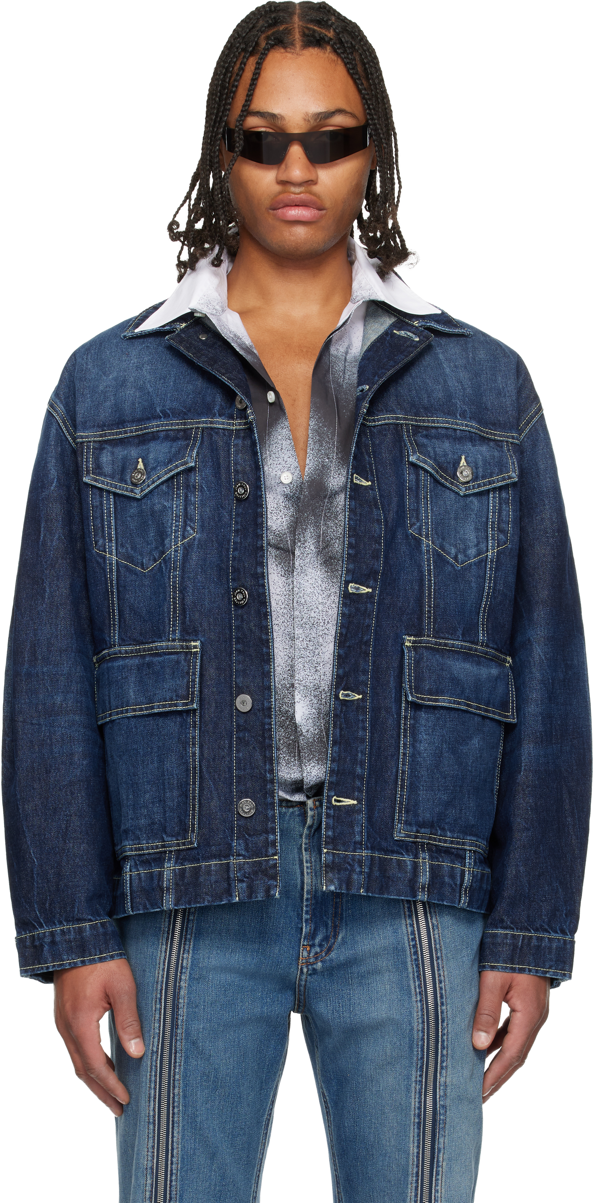 Jean Paul Gaultier Blue Cutout Denim Jacket In Blue