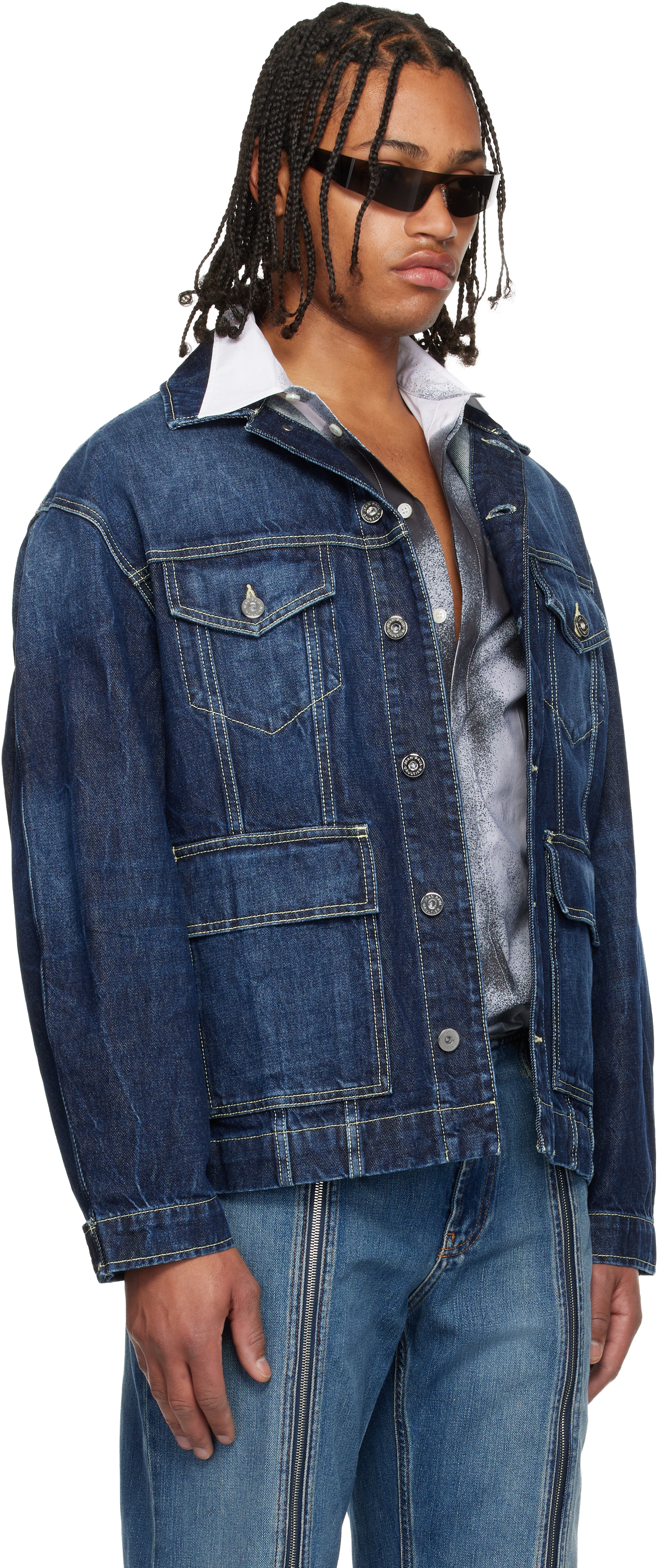Jean Paul Gaultier Blue Cutout Denim Jacket In Blue