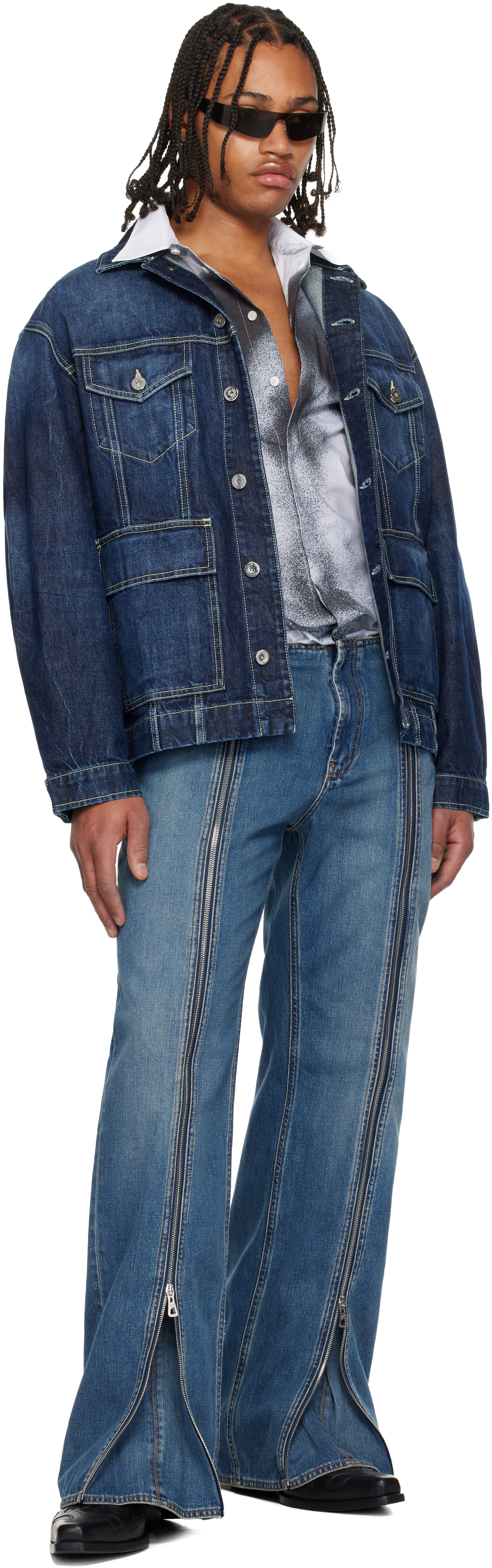 Jean Paul Gaultier Blue Cutout Denim Jacket In Blue