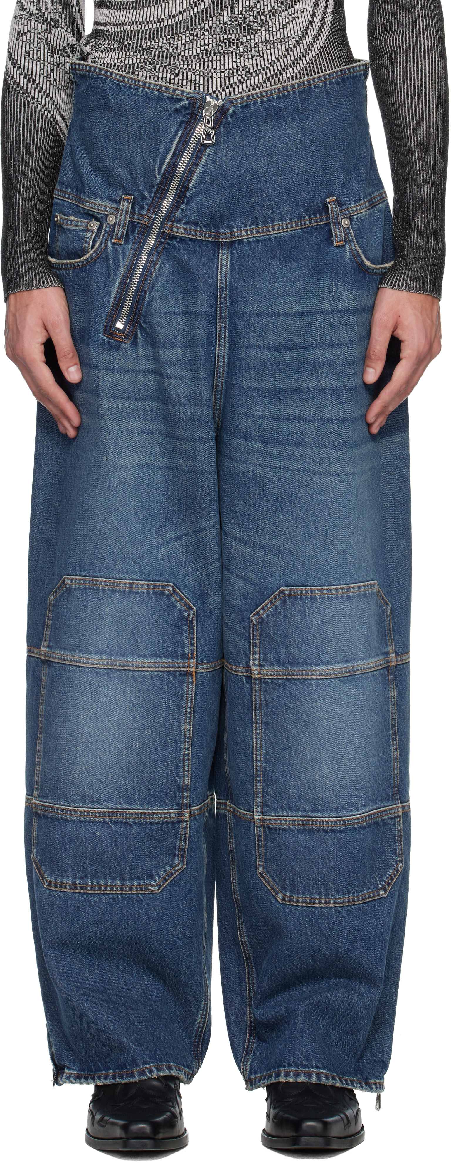 Blue Zipped Patch Jeans by Jean Paul Gaultier on Sale