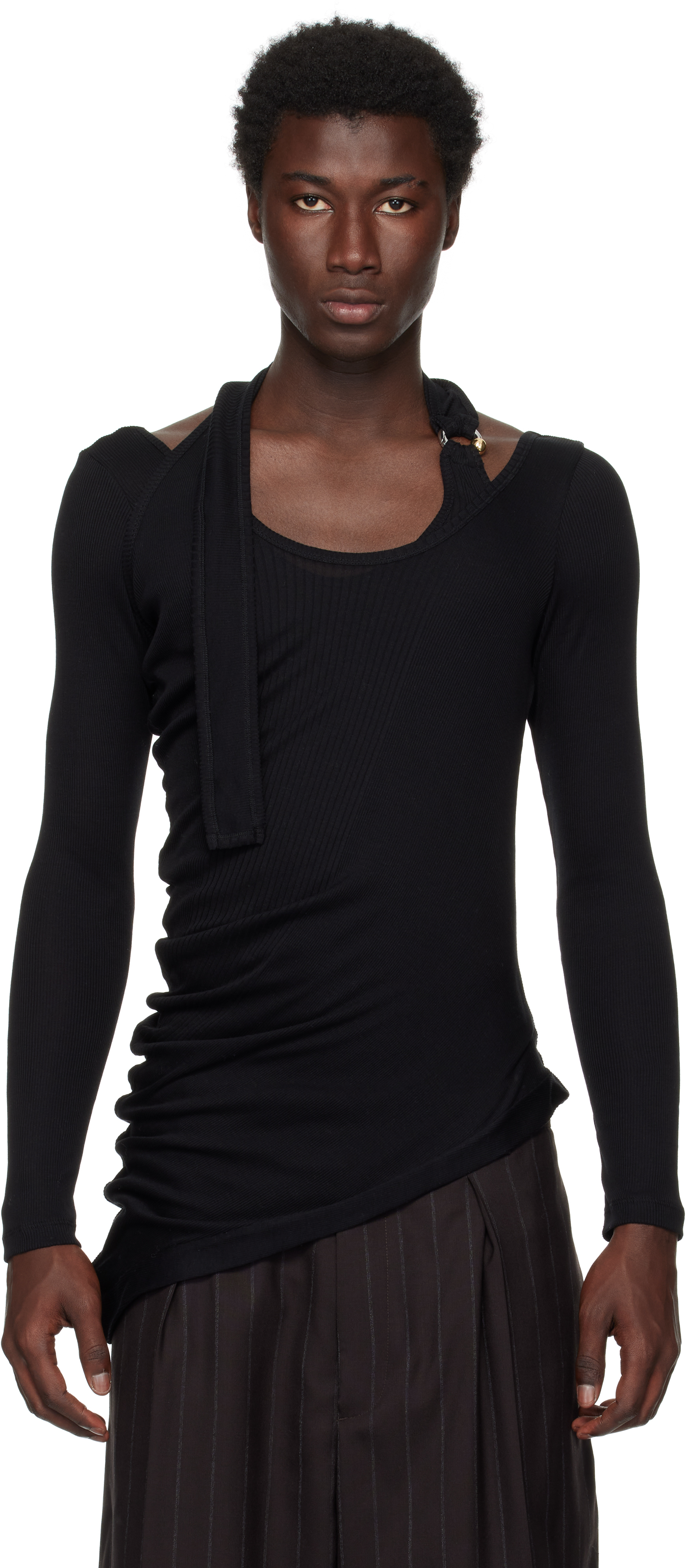 Black Ribbed Twisted Double Layer Piercing T-shirt