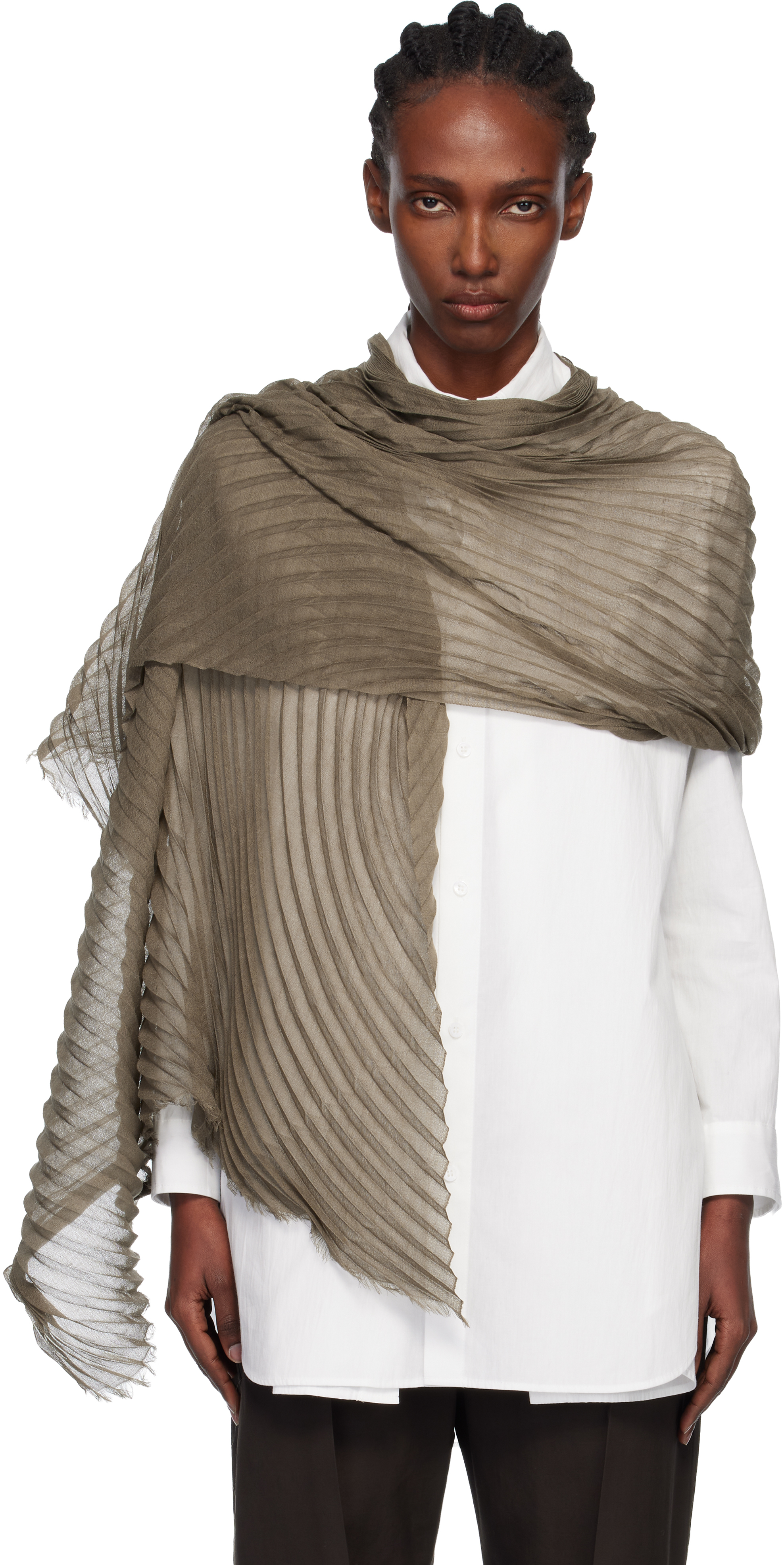 Issey Miyake Khaki Silk Wool Pleats Stole Scarf In Gray