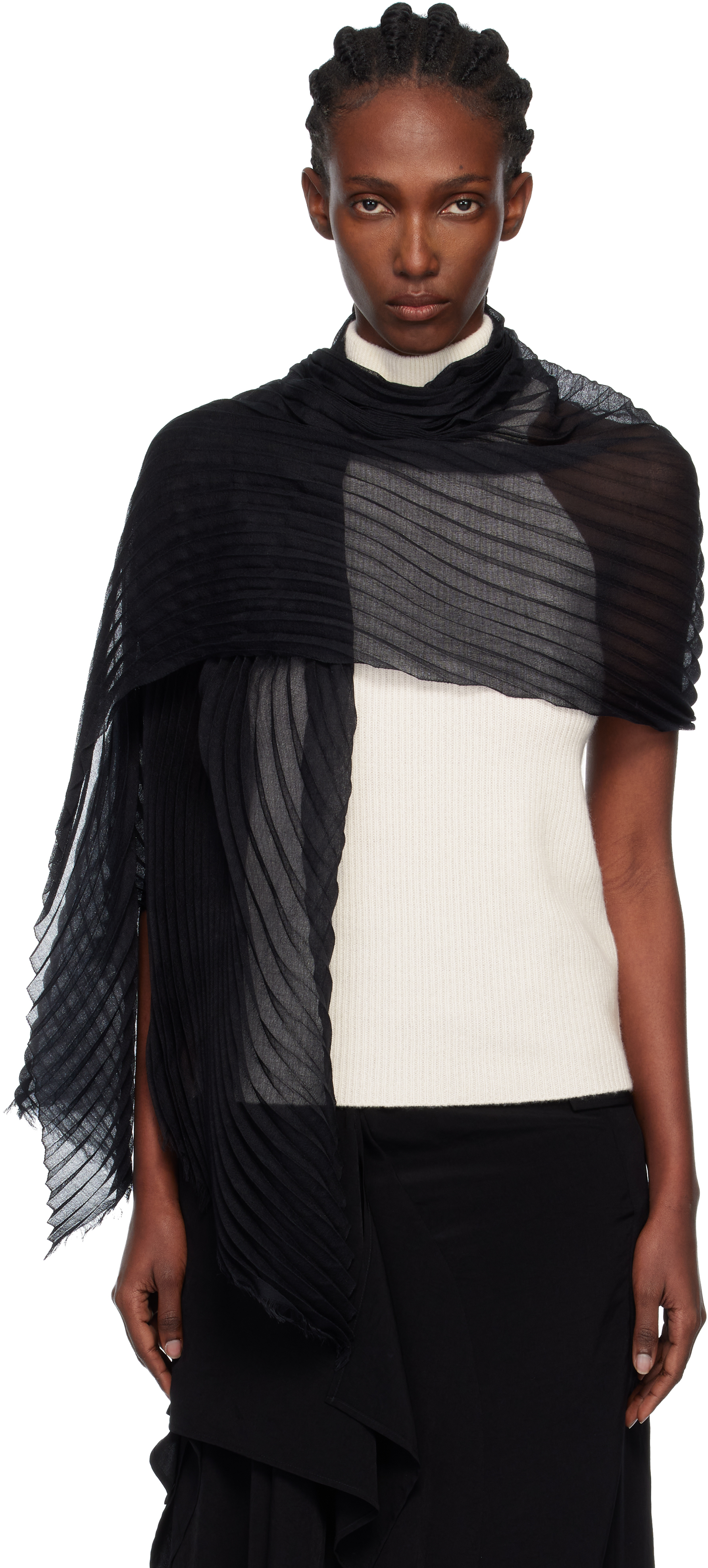 Issey Miyake Black Silk Wool Pleats Stole Scarf In Black