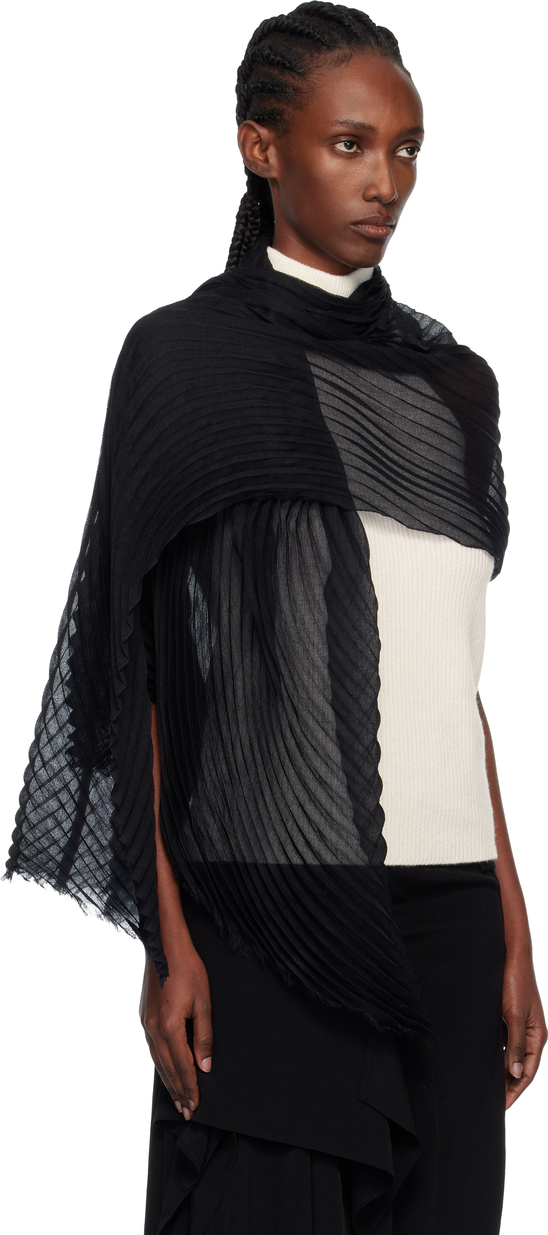 Issey Miyake Black Silk Wool Pleats Stole Scarf In Black