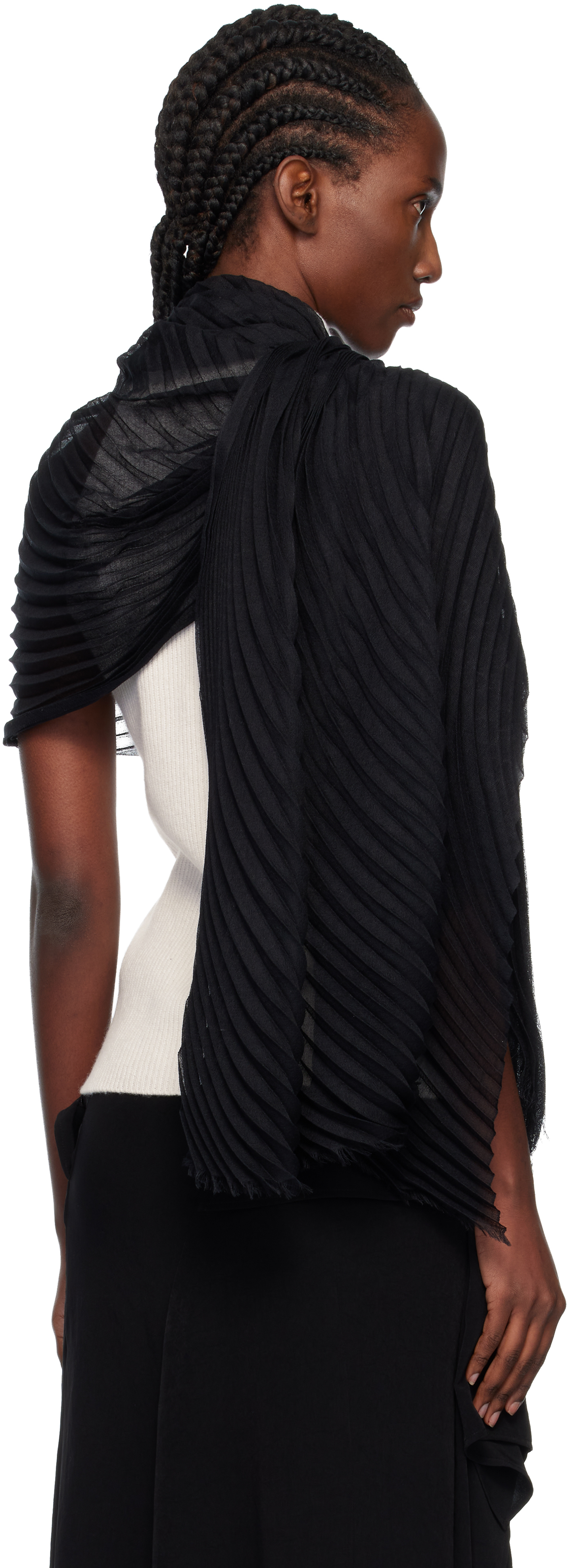 Issey Miyake Black Silk Wool Pleats Stole Scarf In Black