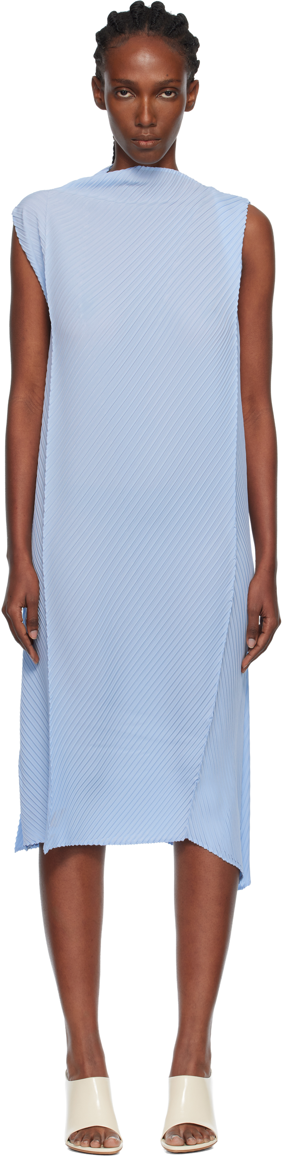 Issey Miyake Blue Soft Fold Pleats Midi Dress In Blue