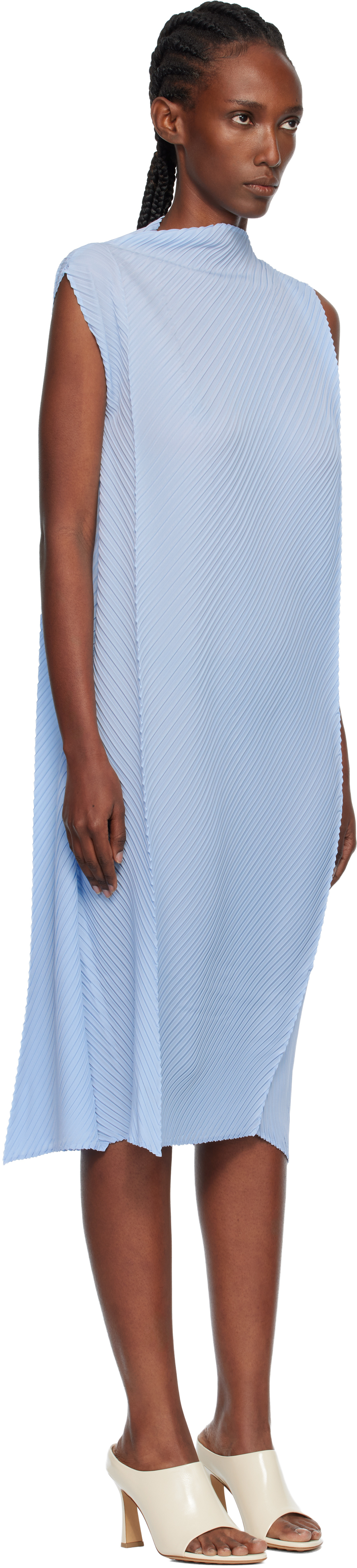 Issey Miyake Blue Soft Fold Pleats Midi Dress In Blue