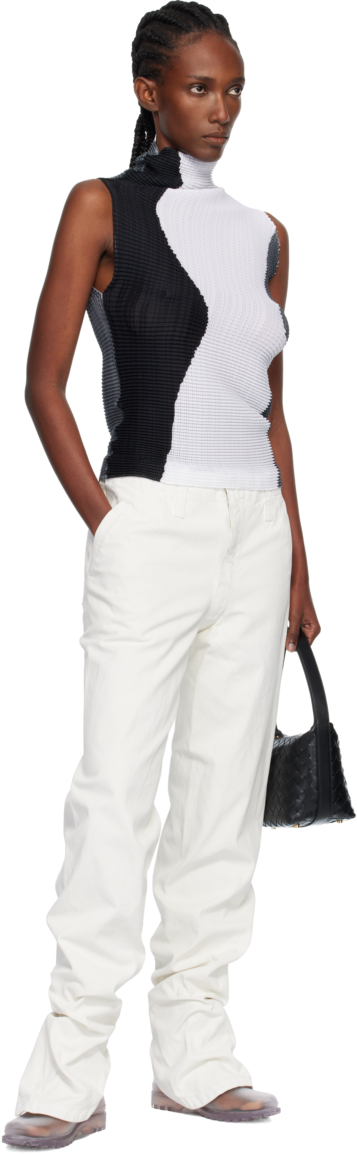 Issey Miyake White Sculptural Jeans In White