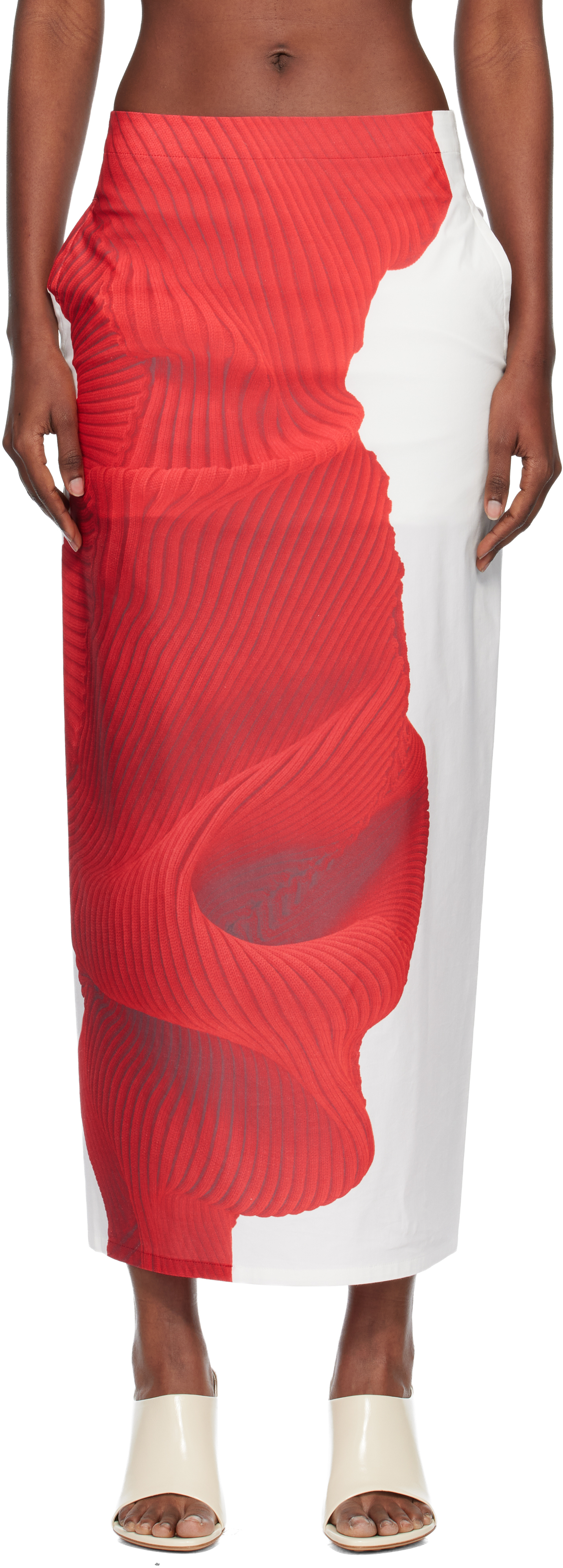 Issey Miyake White & Red Knit 'as Represented' Midi Skirt In Red