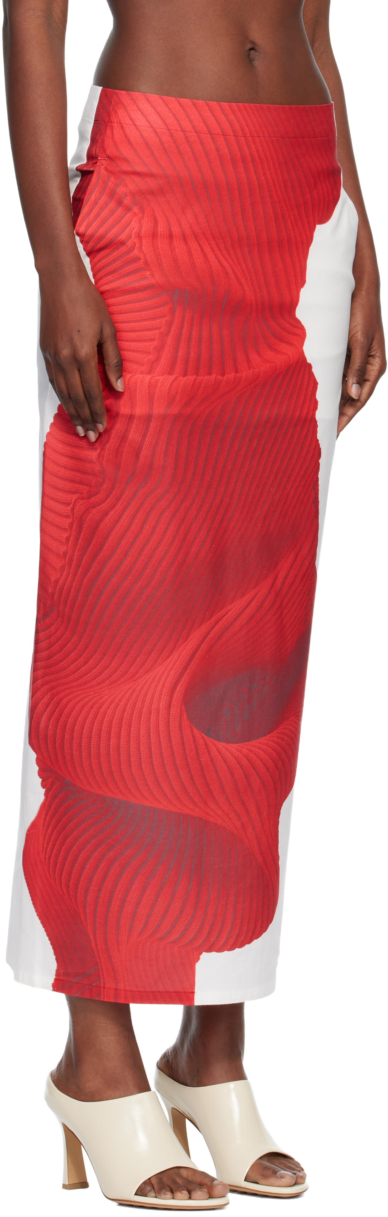 Issey Miyake White & Red Knit 'as Represented' Midi Skirt In Red