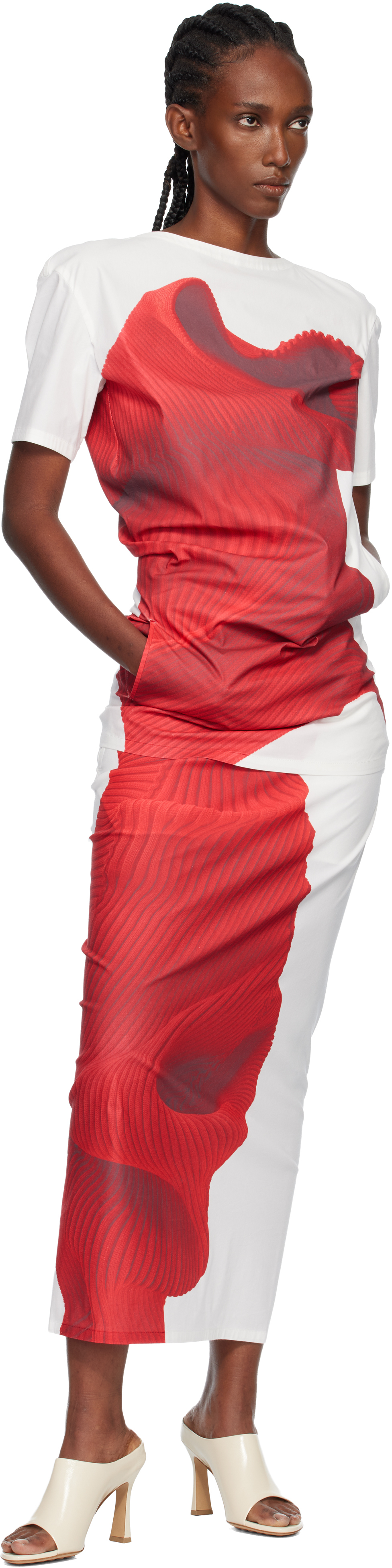 Issey Miyake White & Red Knit 'as Represented' Midi Skirt In Red