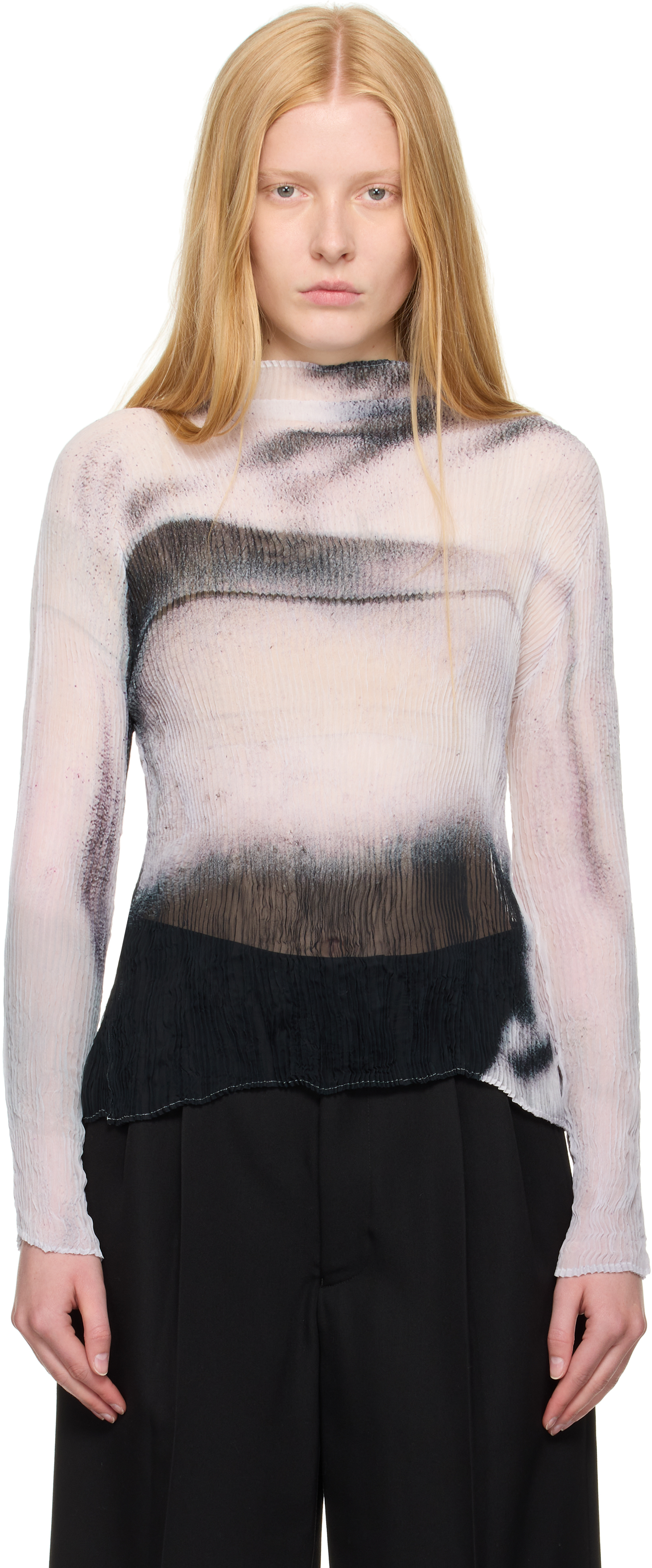 White & Black Shadow Study Pleats Chiffon Twist Turtleneck
